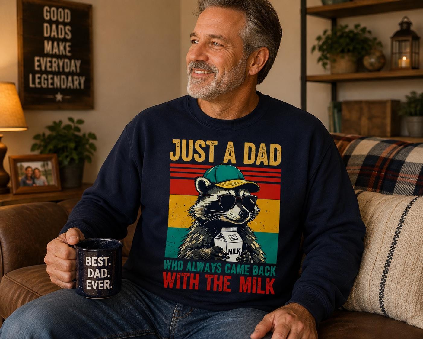 A man wearing a sweatshirt with a raccoon graphic and text, sitting on a couch and holding a mug with text on it.