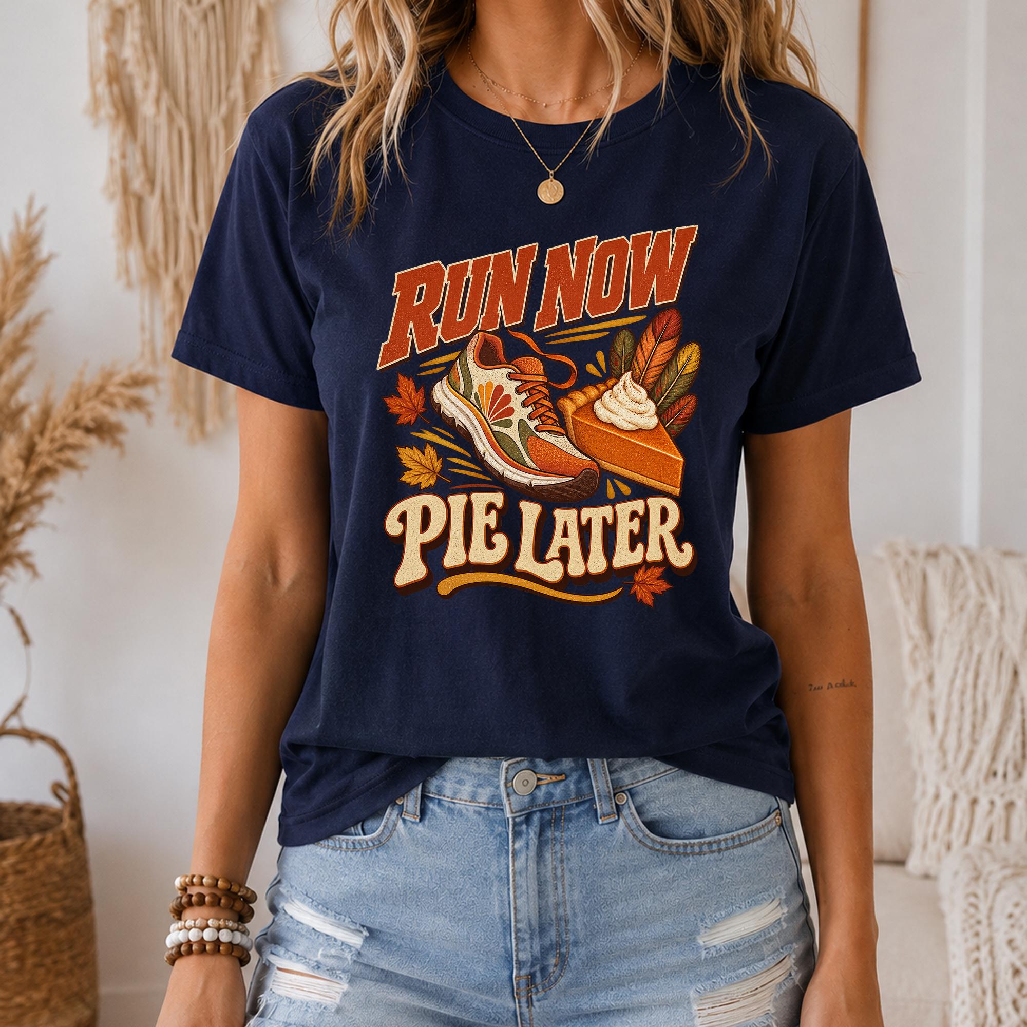 A woman wearing a navy blue t-shirt with a graphic design that says "RUN NOW PIE LATER" and features a pie, leaves, and a sneaker.
