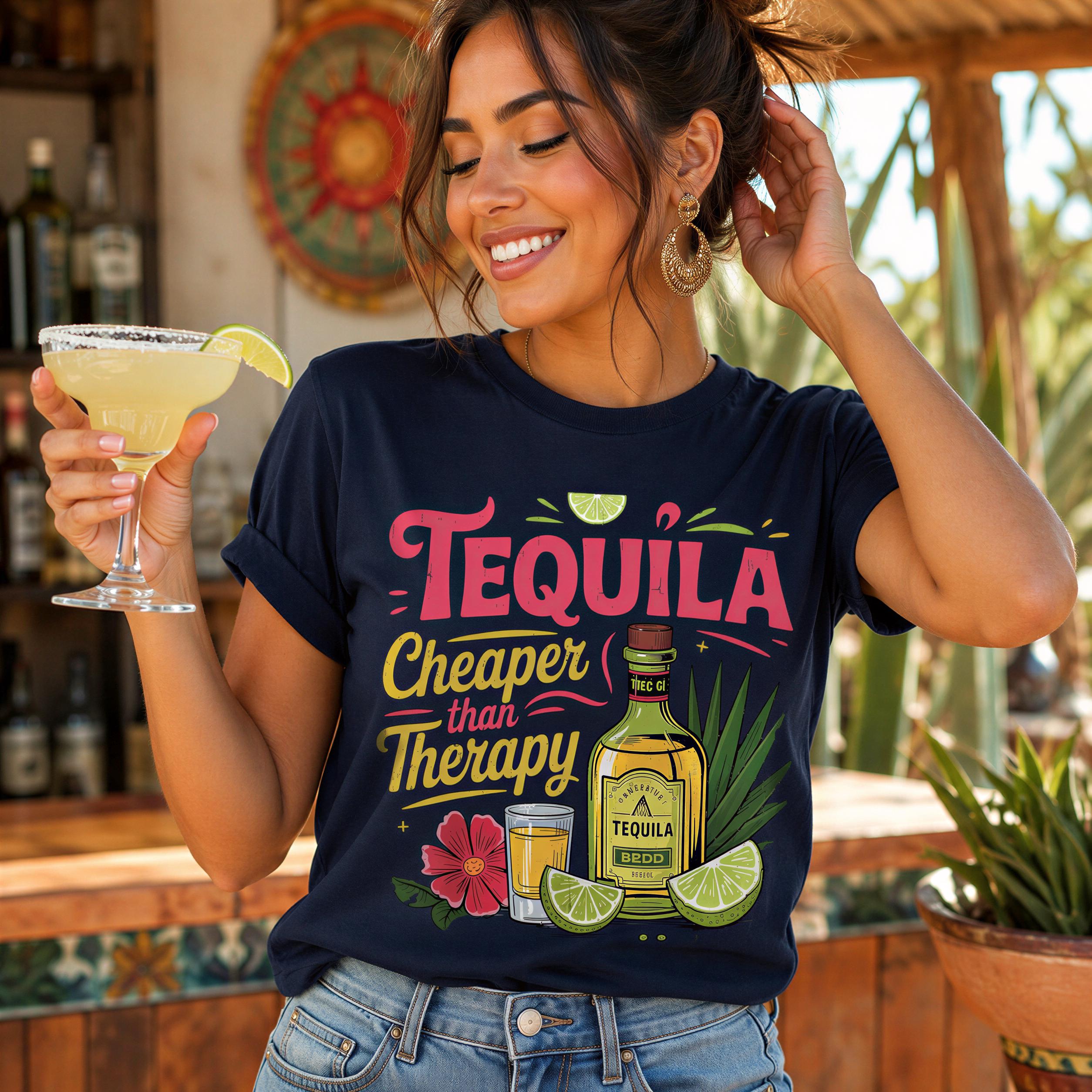 A woman wearing a black t-shirt with a graphic design of a tequila bottle and various tequila-related items, holding a glass of tequila.