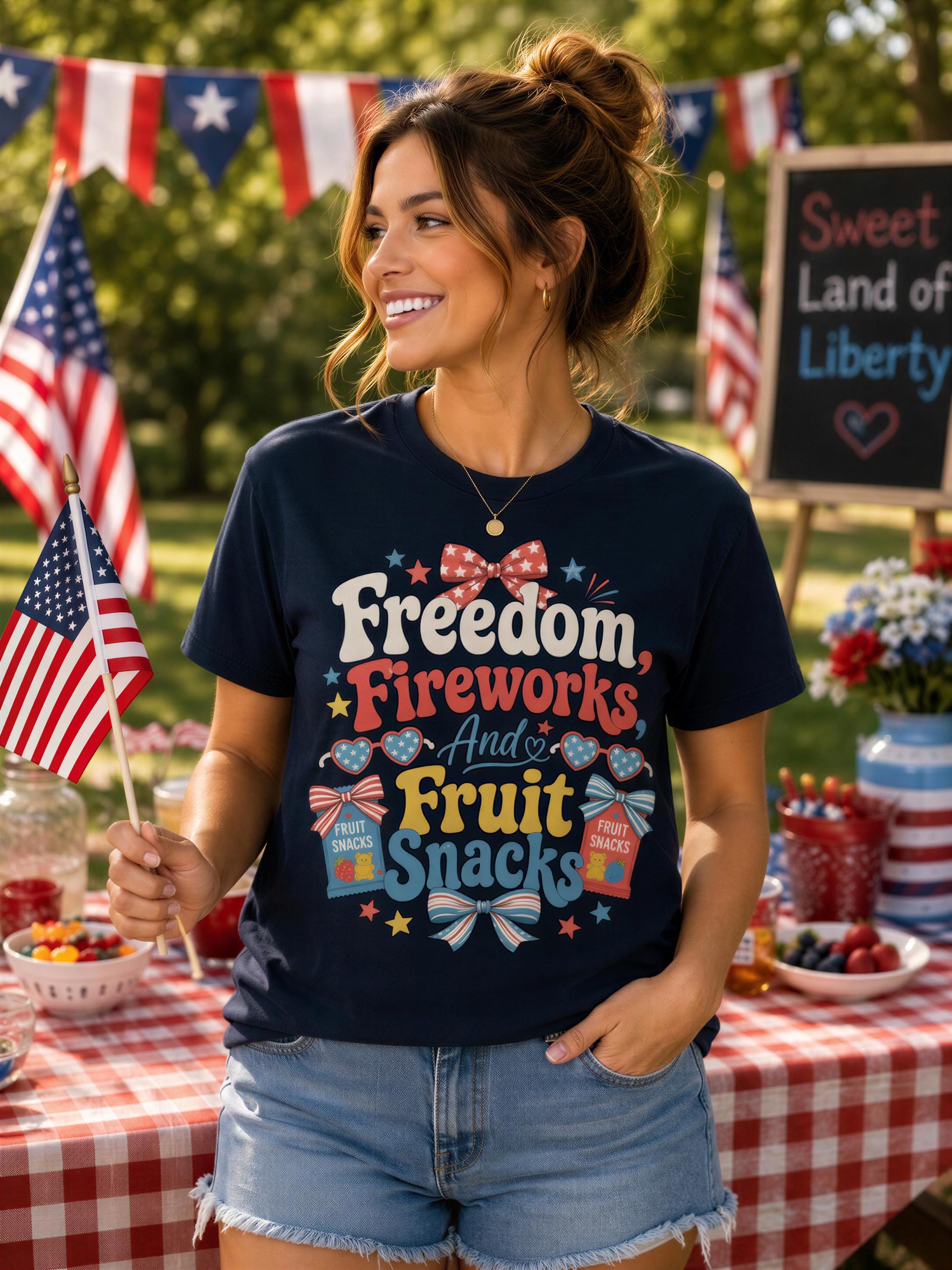 A woman wearing a black t-shirt with a patriotic design and holding an American flag stands in front of a table with American flags and a sign that says "Sweet Land of Liberty".