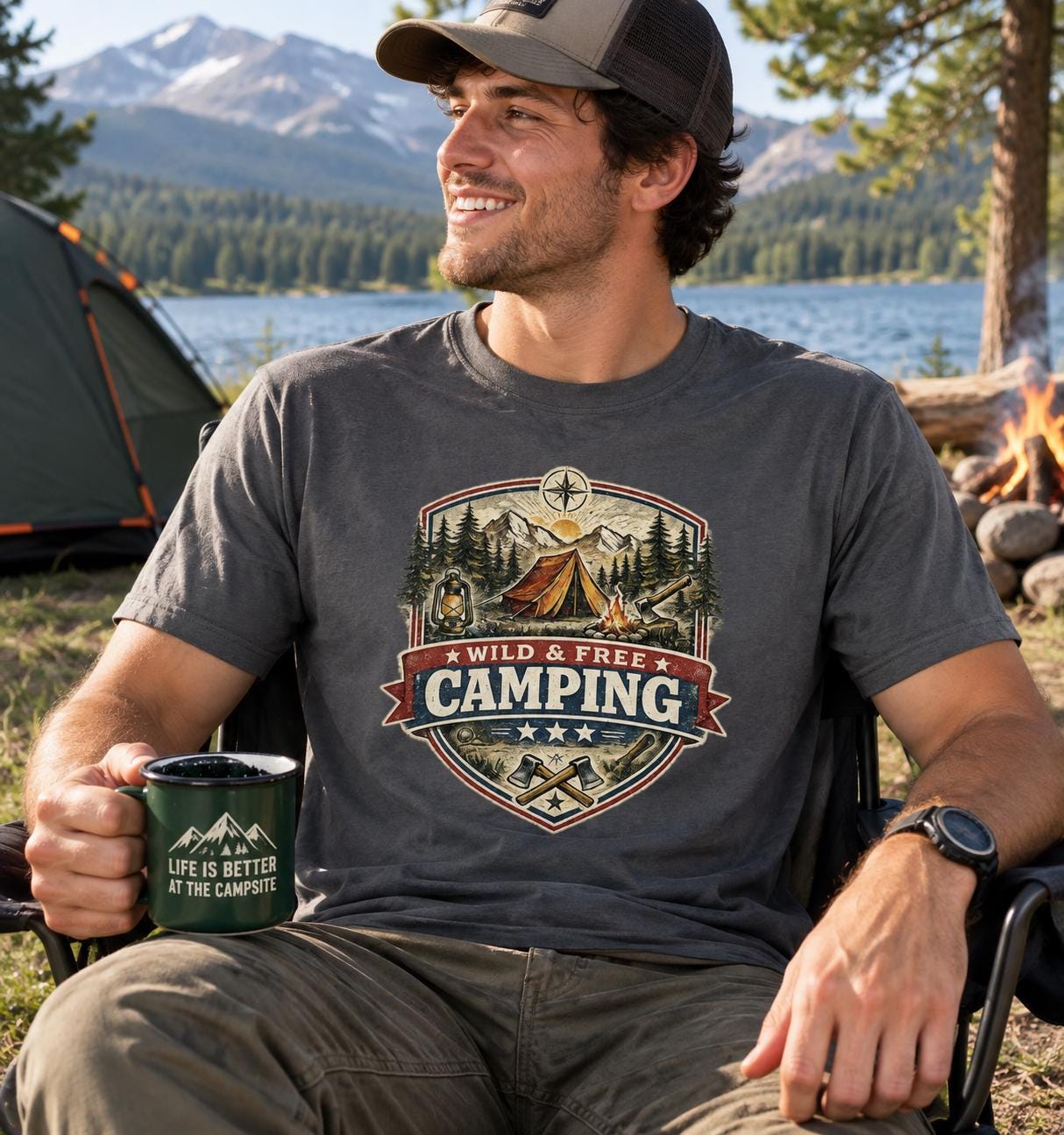 A man wearing a gray t-shirt with a camping-themed design is sitting in a chair outdoors, holding a mug and smiling.