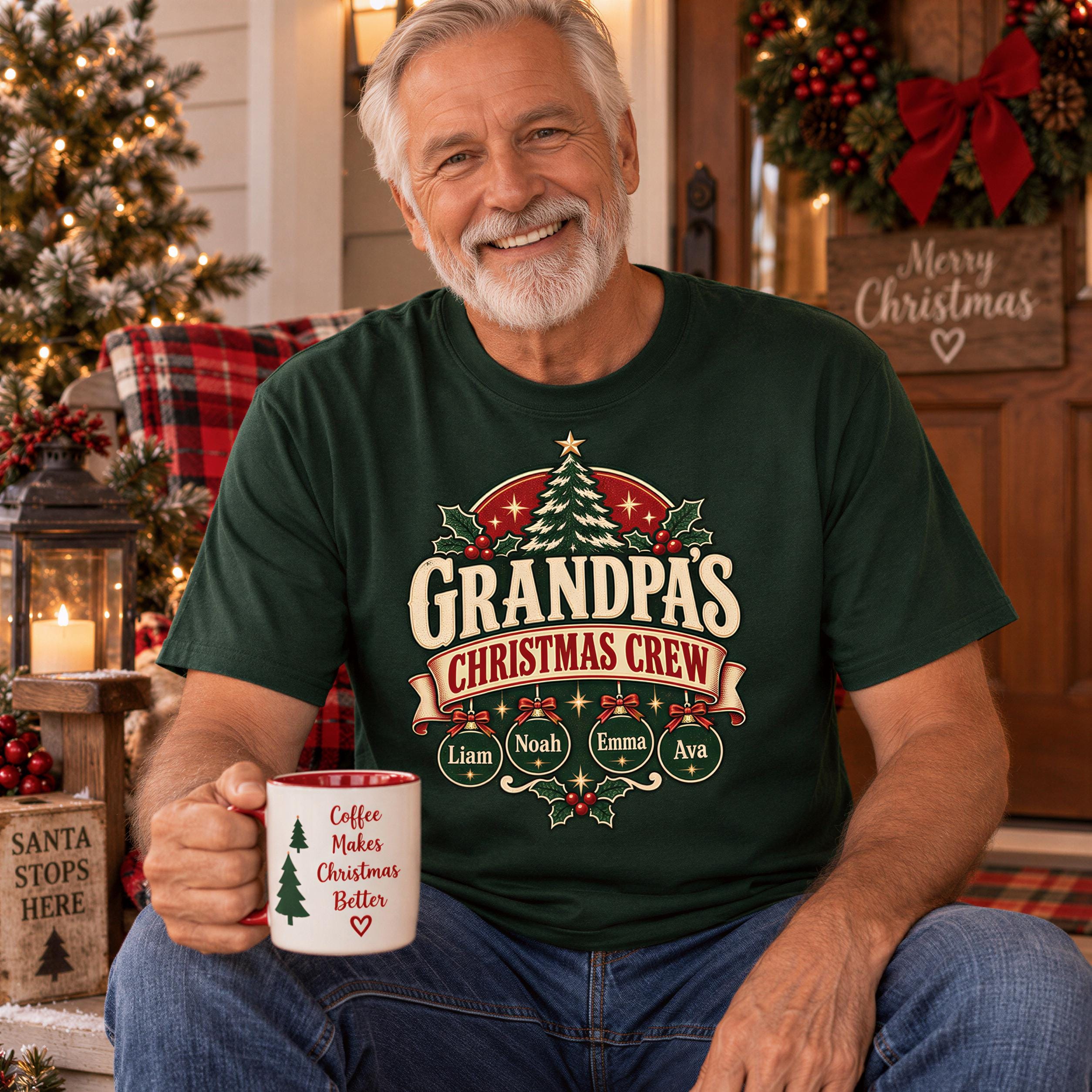 A smiling older man wearing a green t-shirt with a Christmas-themed design, holding a coffee mug with a Christmas tree and text on it.