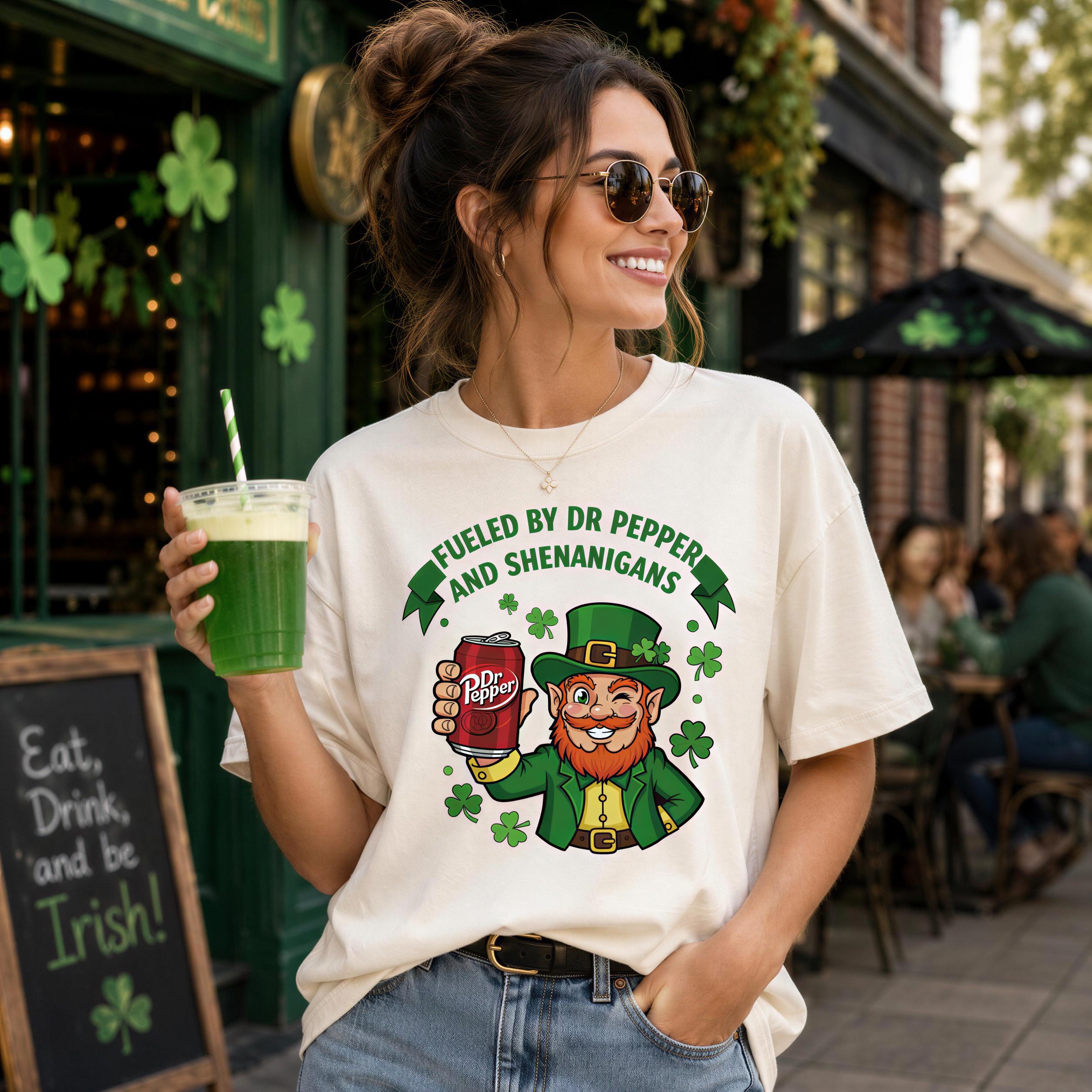 A woman wearing a white t-shirt with a cartoon leprechaun holding a can of Dr Pepper and smiling, standing in front of a green building with shamrocks and a chalkboard sign.