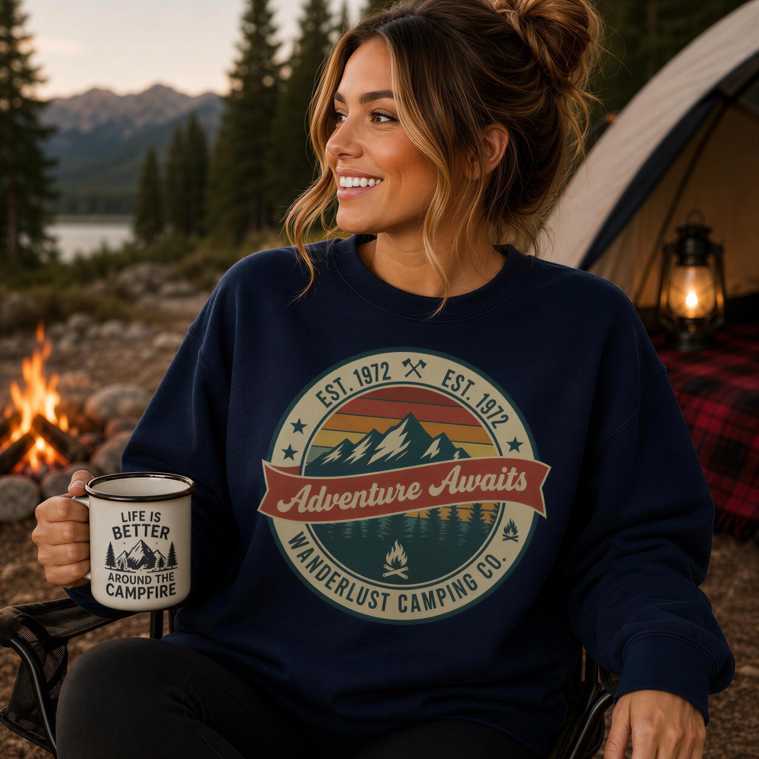 A woman wearing a navy blue sweatshirt with a graphic design of a mountain range and camping equipment, holding a mug with the text "Life is better around the campfire".