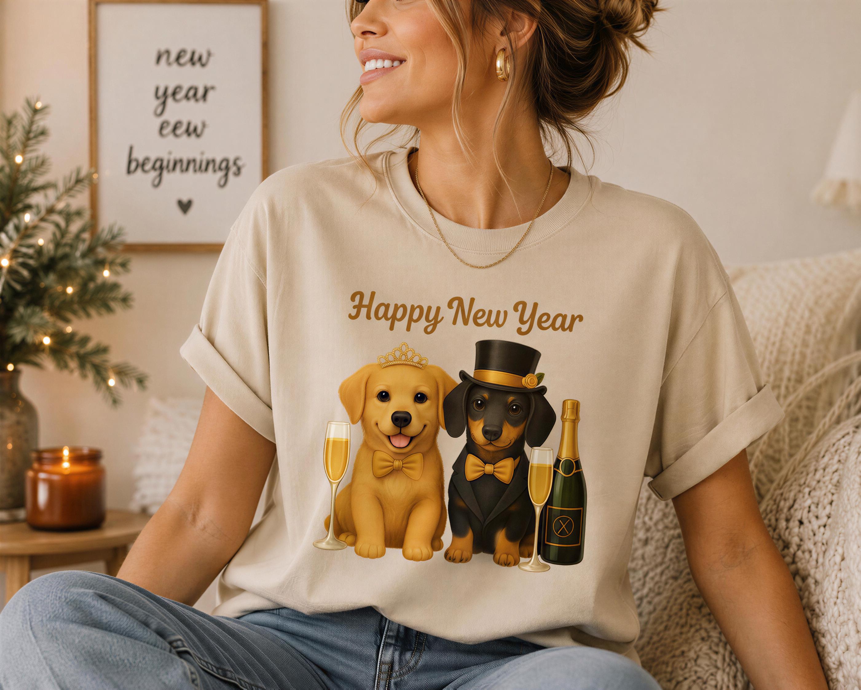 A woman wearing a t-shirt with a graphic of two dogs, one yellow and one black, holding champagne flutes and a champagne bottle, along with the text "Happy New Year".