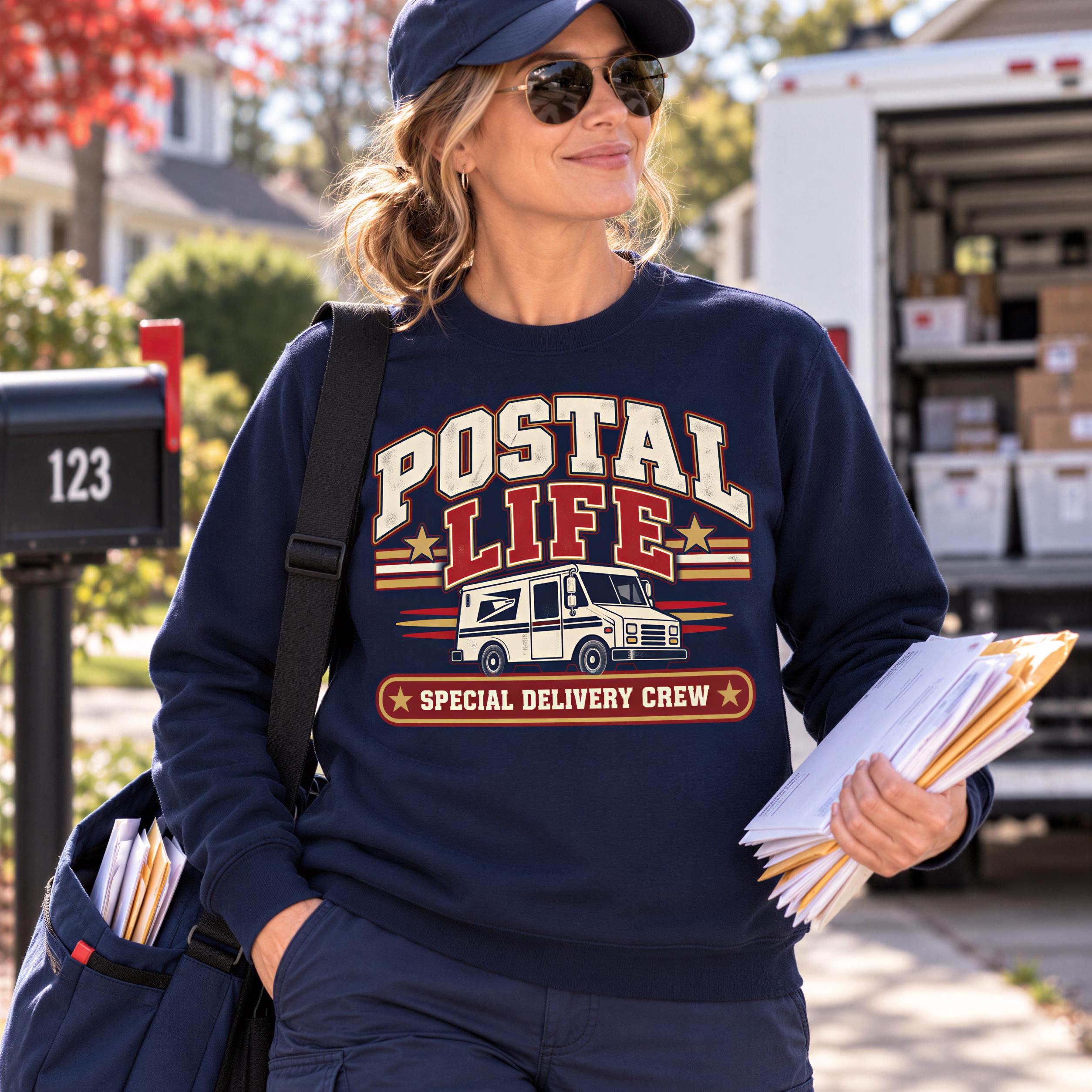 A woman wearing a navy blue sweatshirt with a graphic of a postal truck and the text "Postal Life" is standing on a sidewalk, holding a stack of mail.