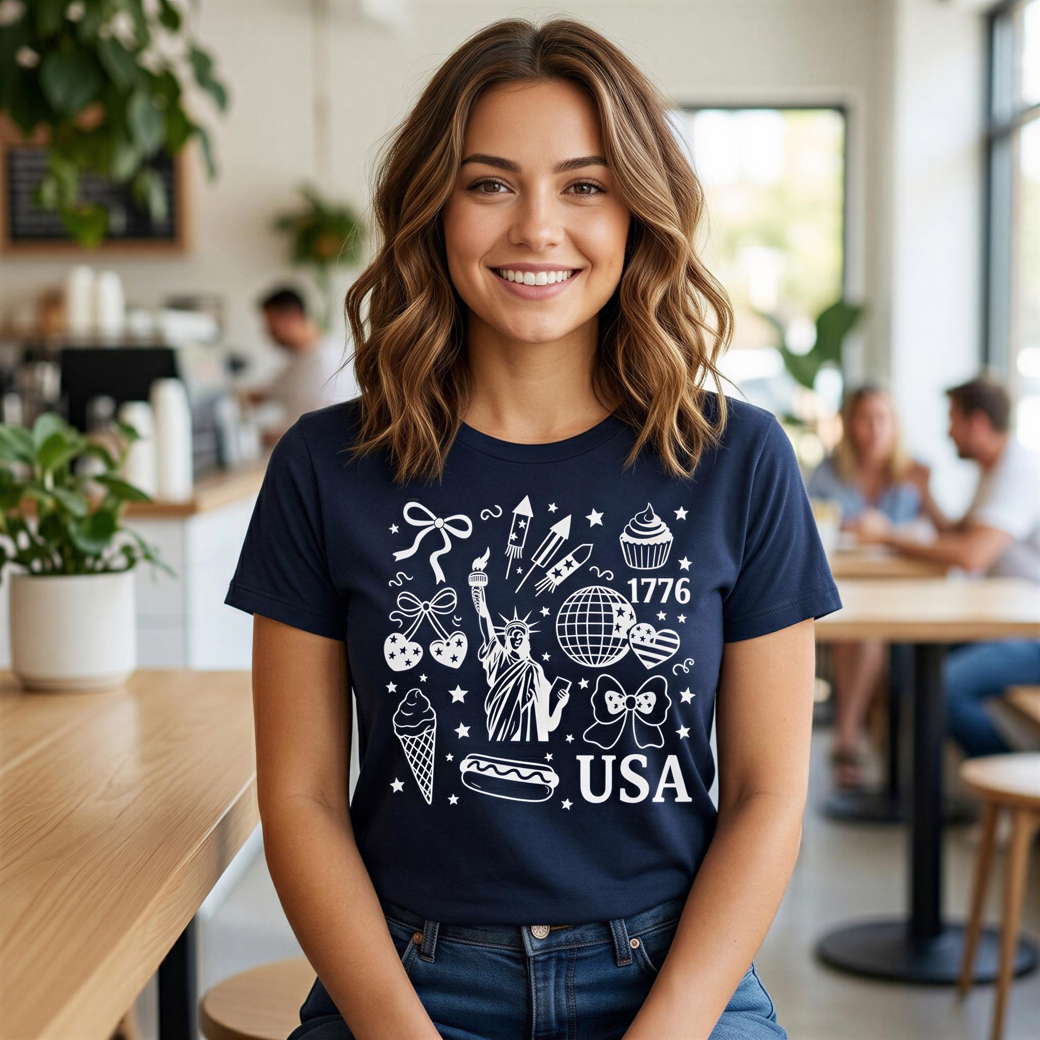 A smiling woman wearing a navy blue t-shirt with various icons and text related to the United States.