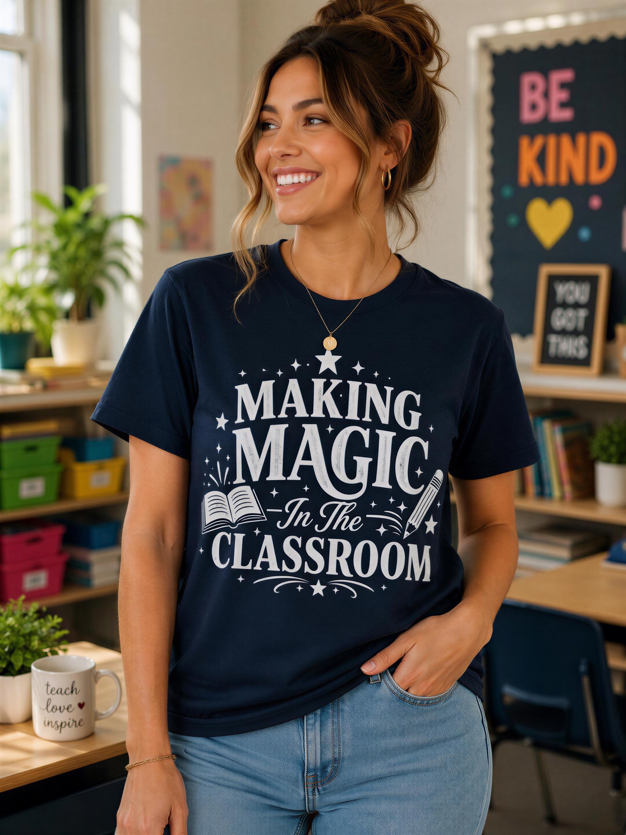 A woman wearing a navy blue t-shirt with the text "MAKING MAGIC IN THE CLASSROOM" stands in a classroom setting with a bulletin board and plants in the background.