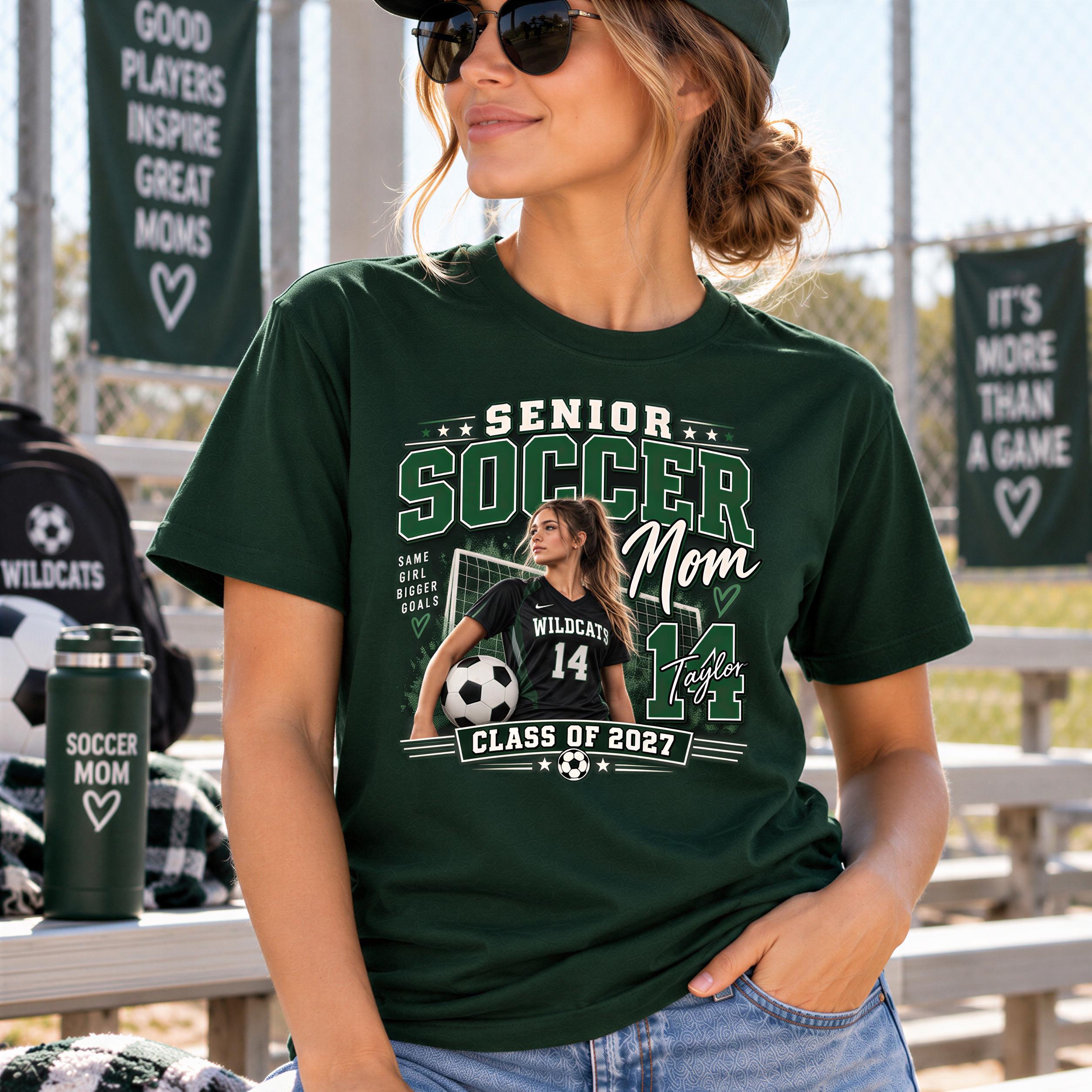 A woman wearing a green t-shirt with a graphic of a female soccer player and the text "SENIOR SOCCER MOM 14" printed on it.