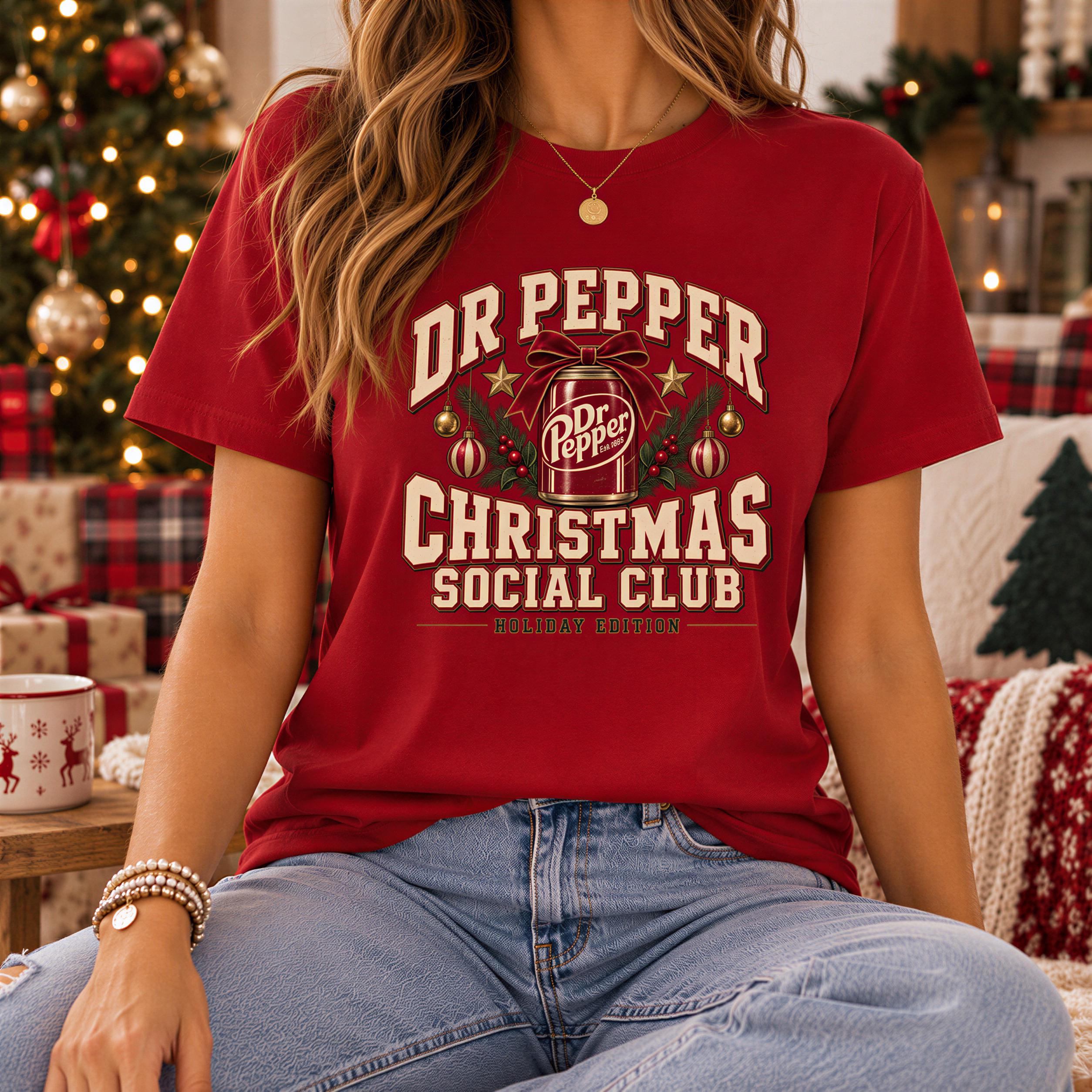 A woman wearing a red t-shirt with a graphic design related to Dr Pepper and Christmas, sitting in front of a Christmas tree.