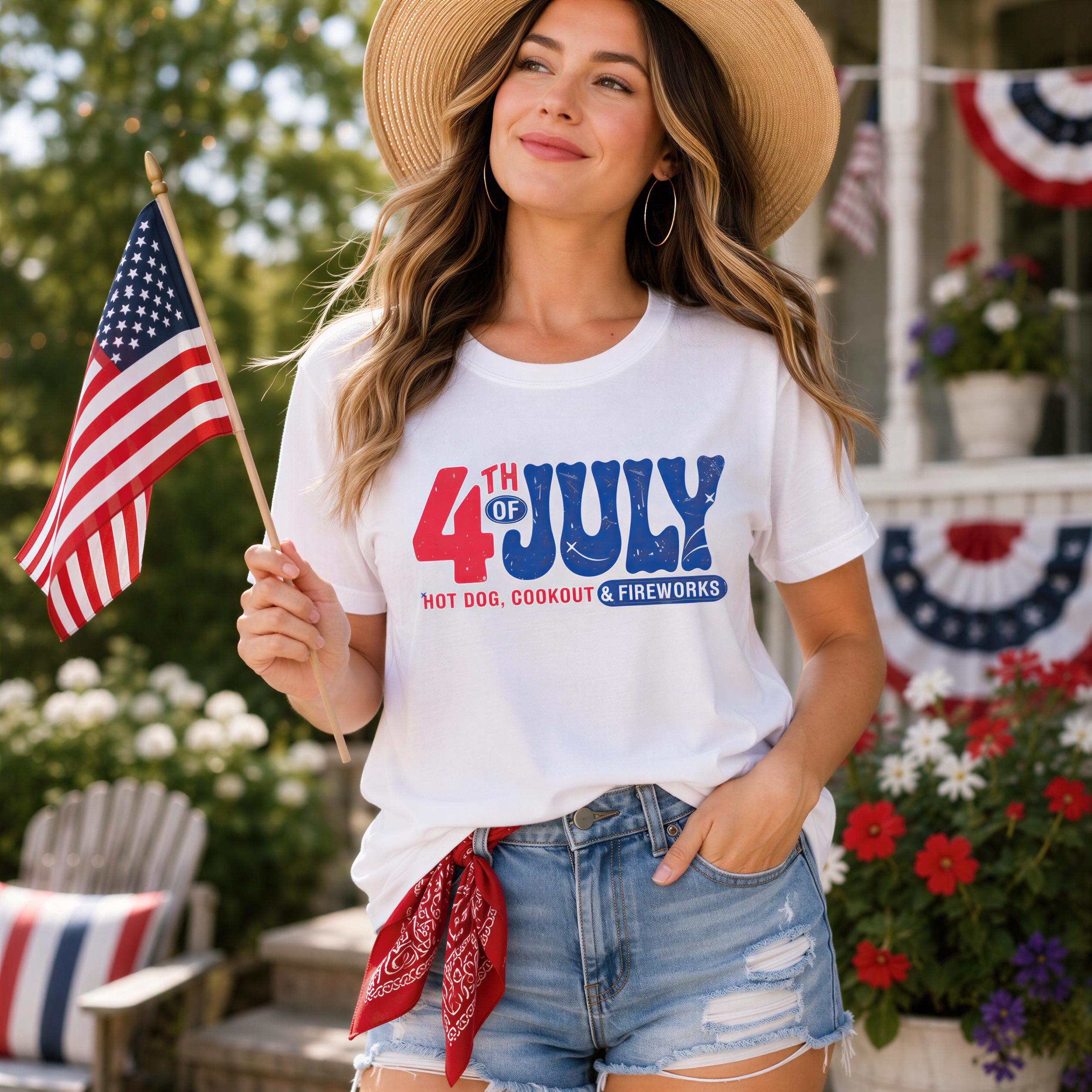 A woman wearing a white t-shirt with the text "4th of July" and holding an American flag, standing in front of a house decorated for the holiday.