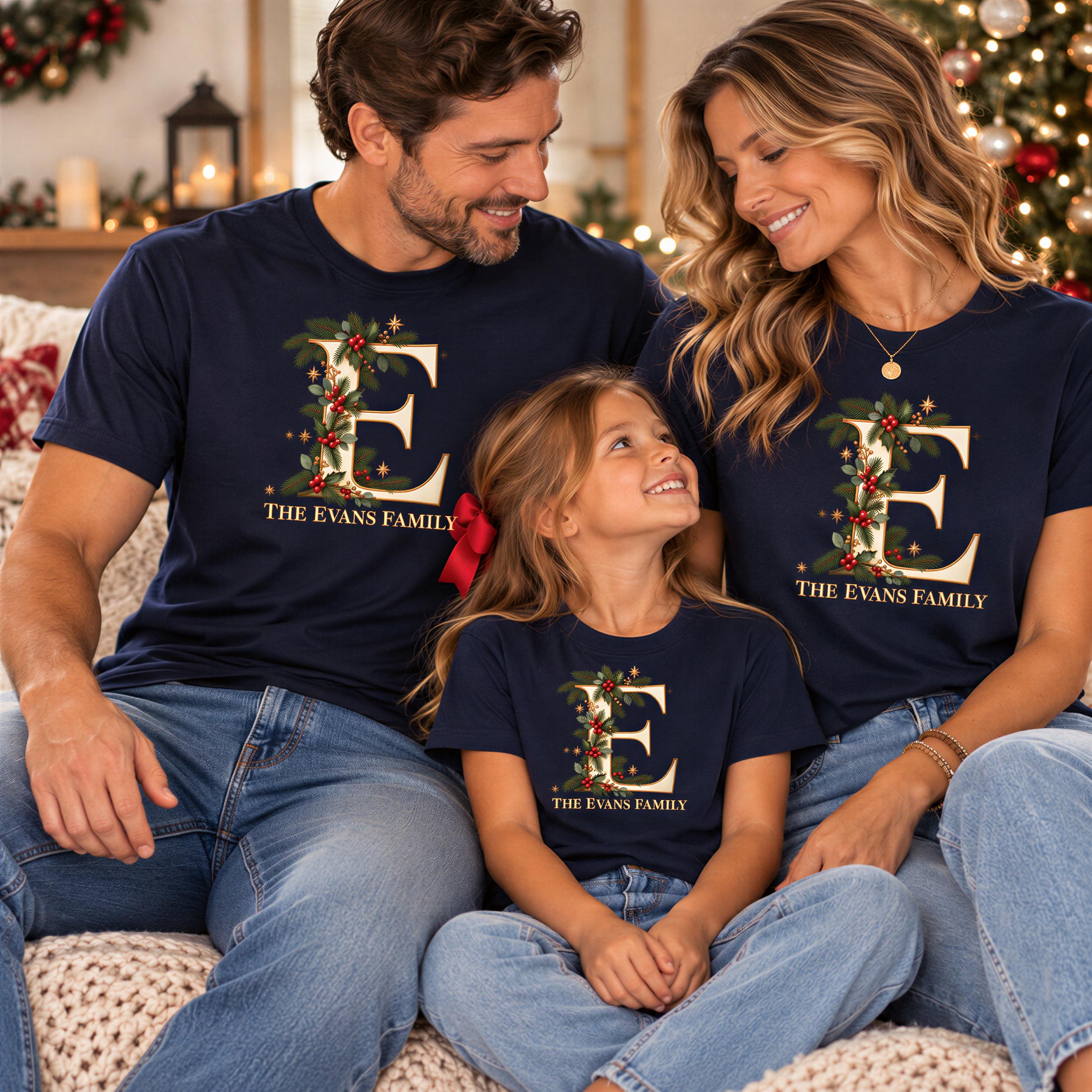 A family of three, consisting of a man, a woman, and a young girl, are sitting together on a couch, smiling and wearing matching t-shirts with the letter "E" and the text "The Evans Family".