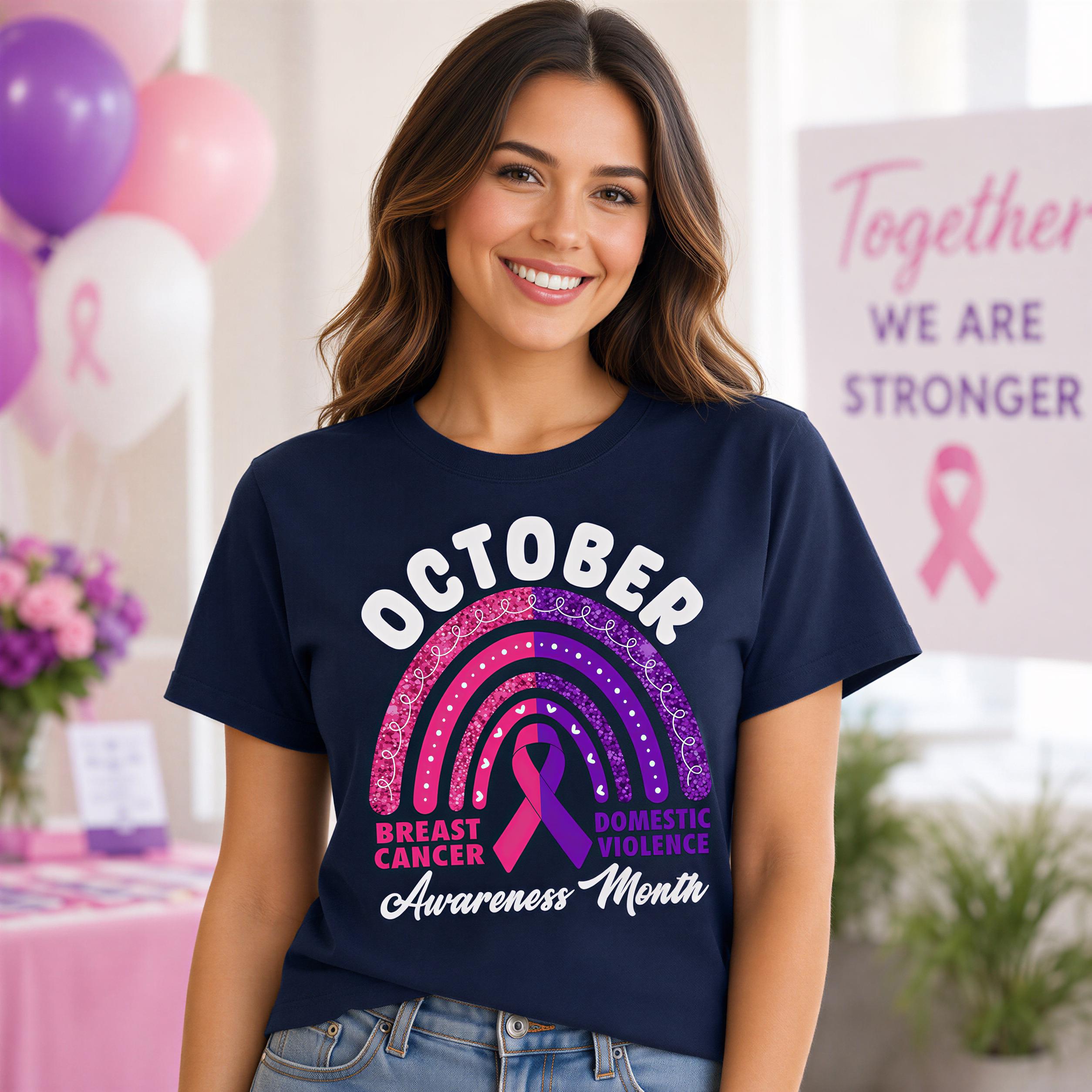 A woman wearing a navy blue t-shirt with a pink and purple breast cancer ribbon design and text, standing in front of a pink and purple balloon display.