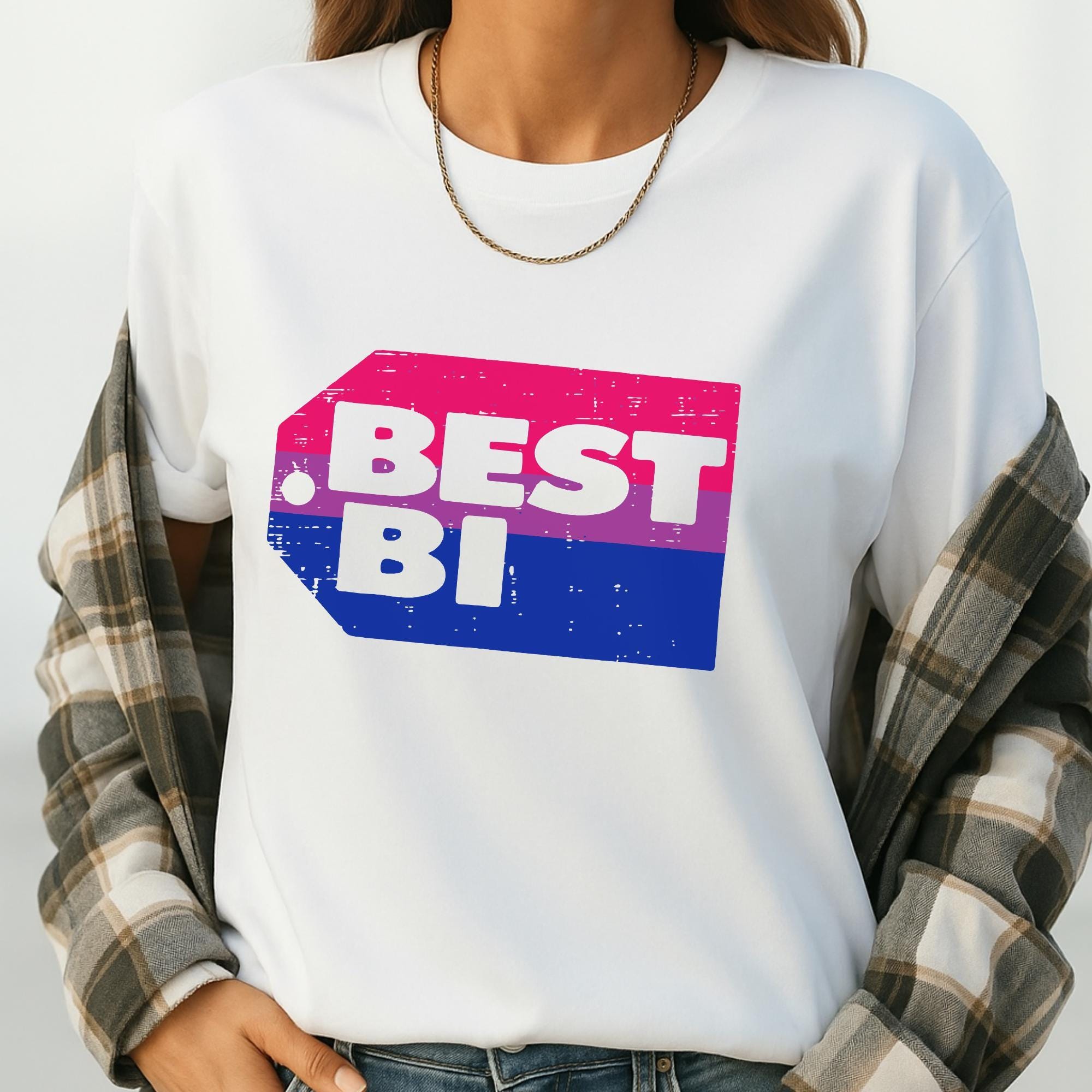 A person wearing a white t-shirt with the text "BEST BI" printed on it.