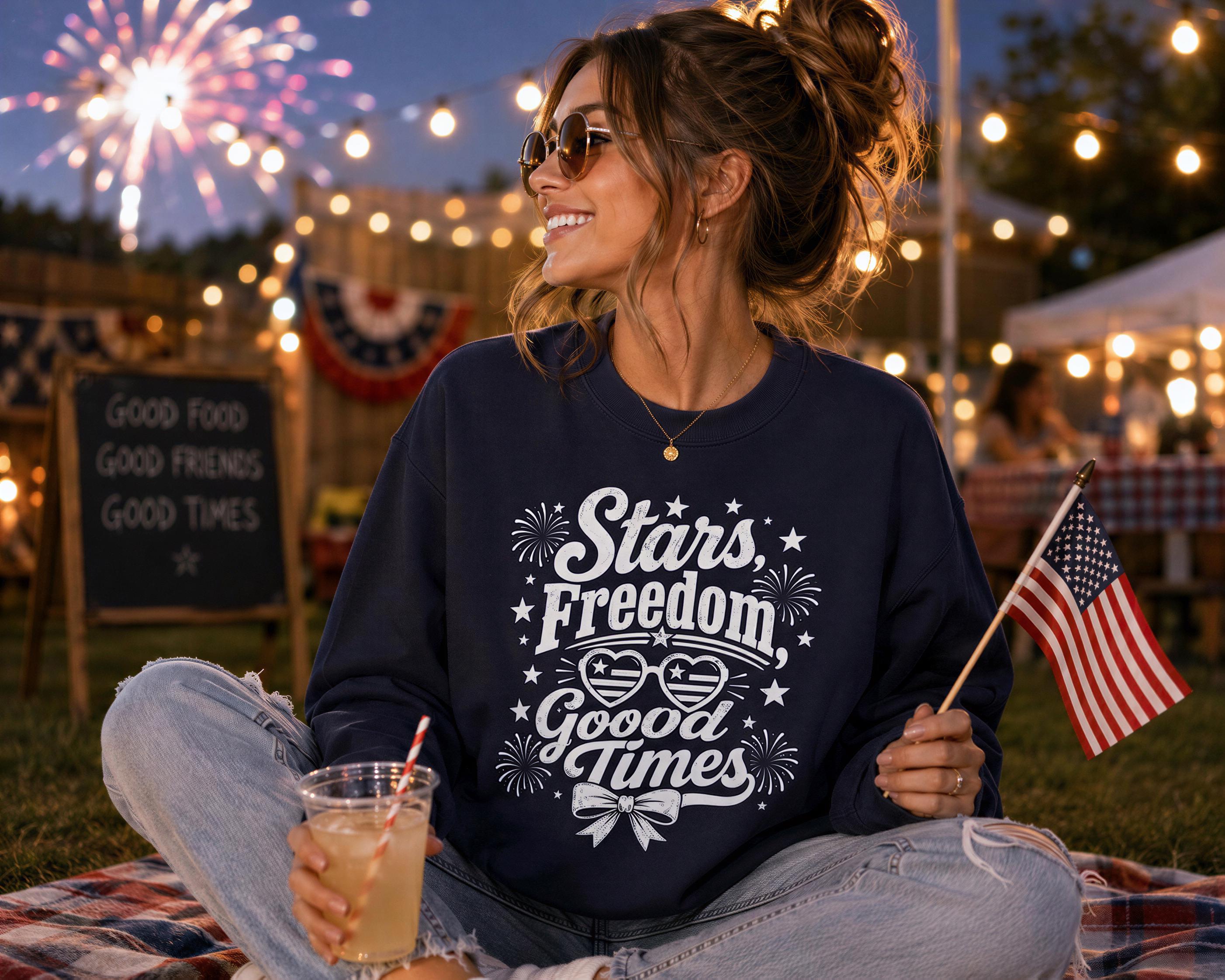 A woman in a navy blue sweatshirt with a patriotic design is sitting on a blanket, holding an American flag and a drink, with a fireworks display in the background.