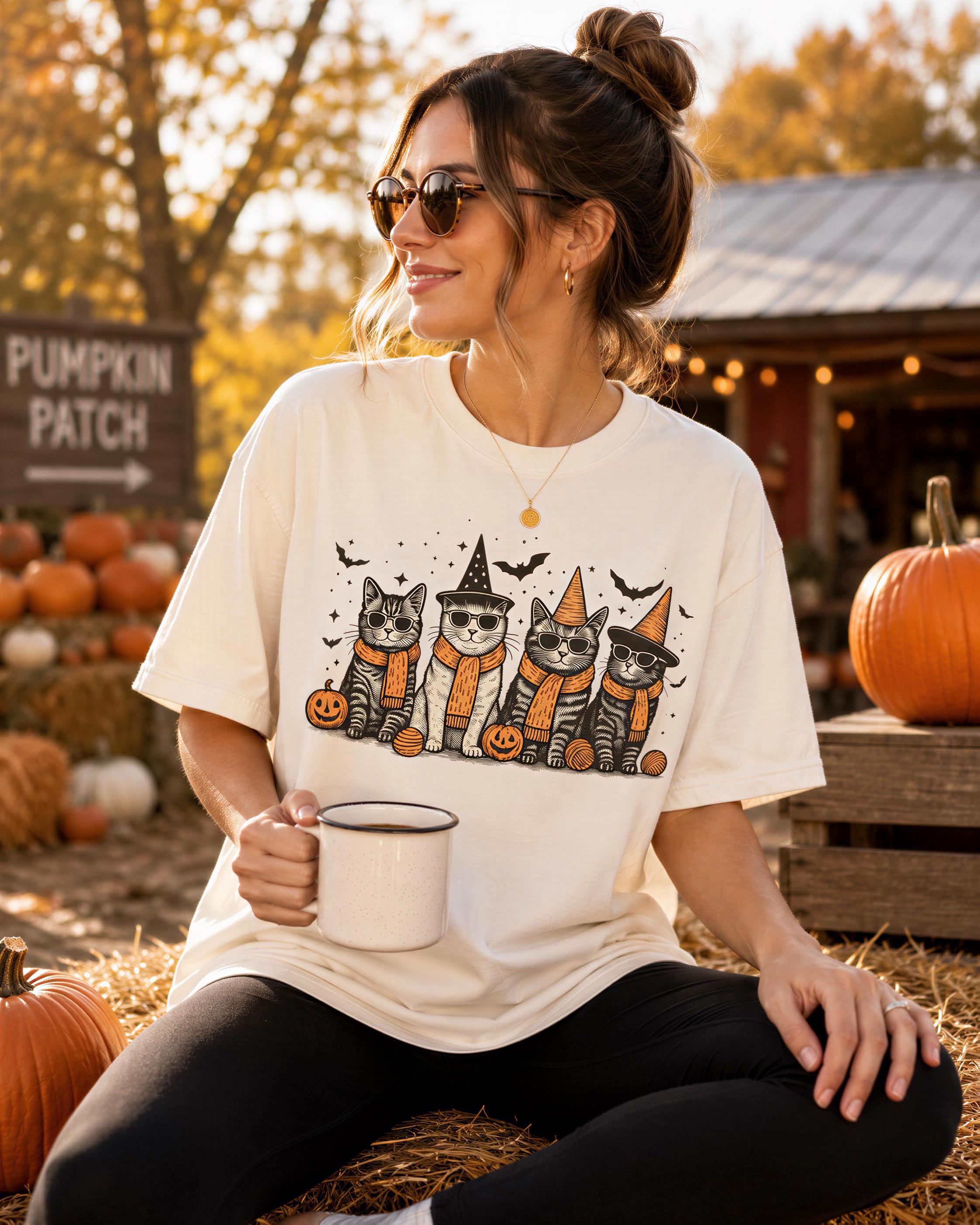 A woman wearing a white t-shirt with a graphic of three cats in Halloween costumes sitting on a bed of hay, holding a mug, and smiling.