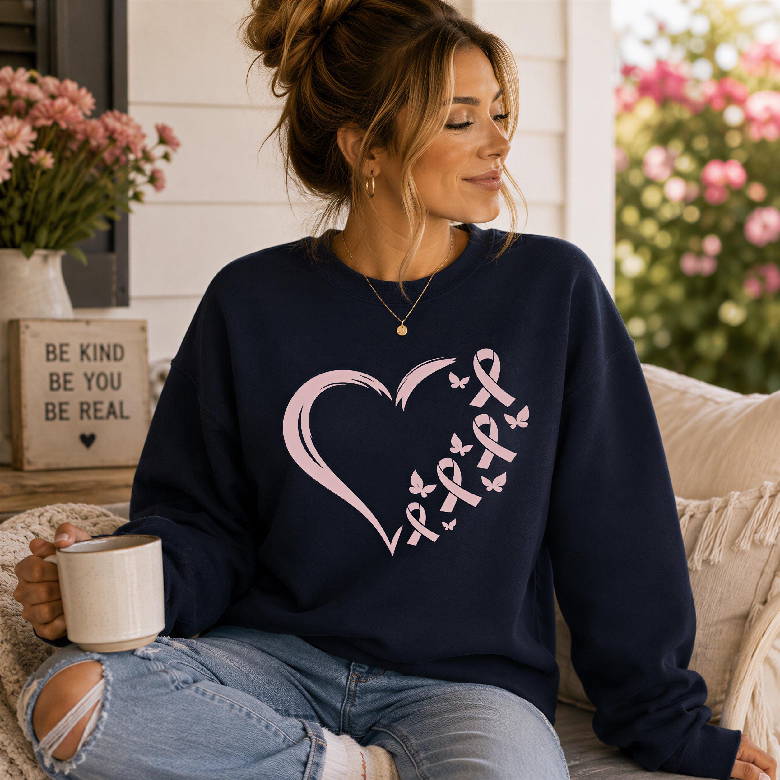 A woman wearing a navy blue sweatshirt with a pink heart and butterfly design sits on a couch, holding a coffee mug.