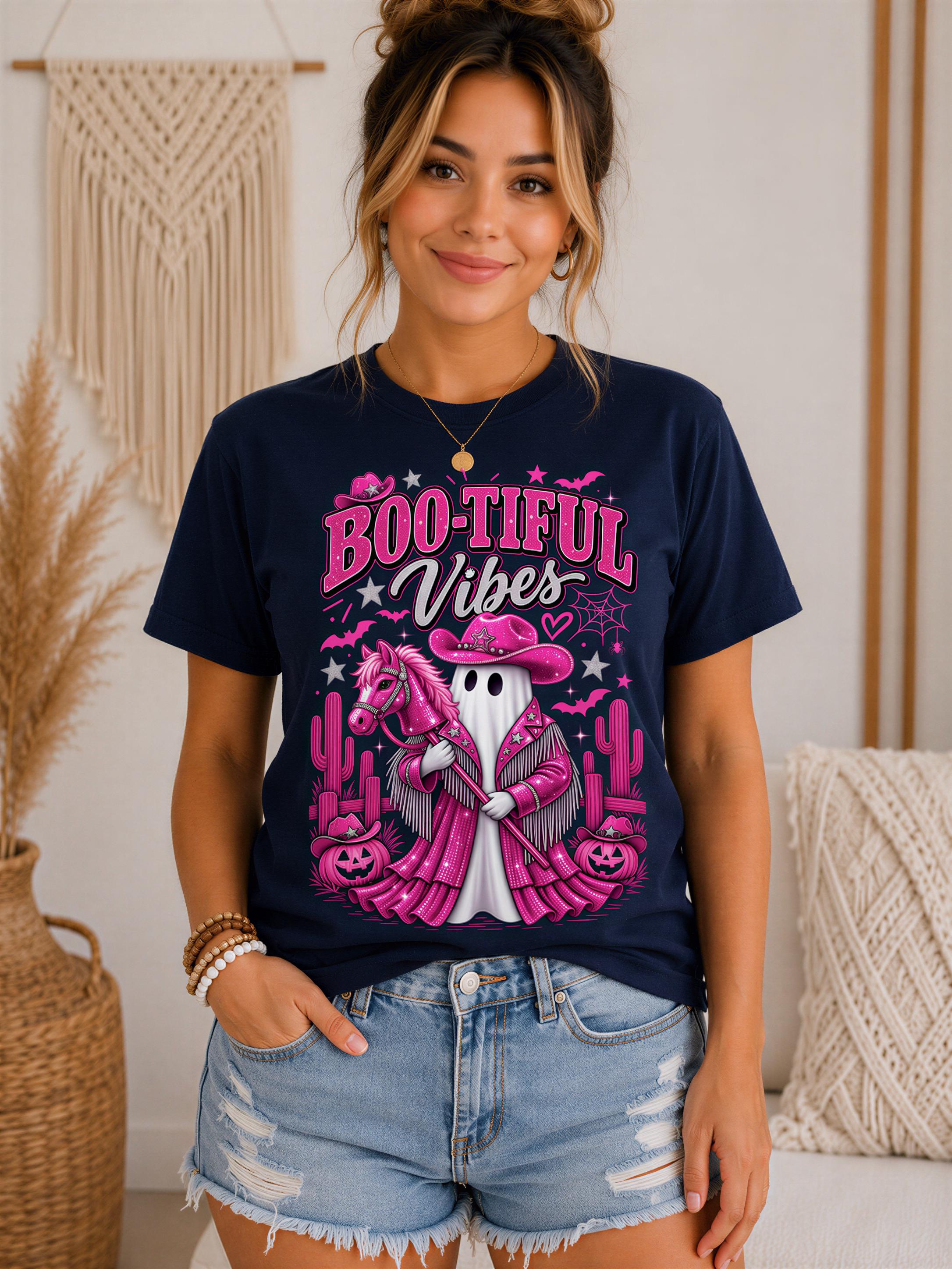 A woman wearing a navy blue t-shirt with a graphic design of a ghost, a unicorn, and Halloween-themed elements.