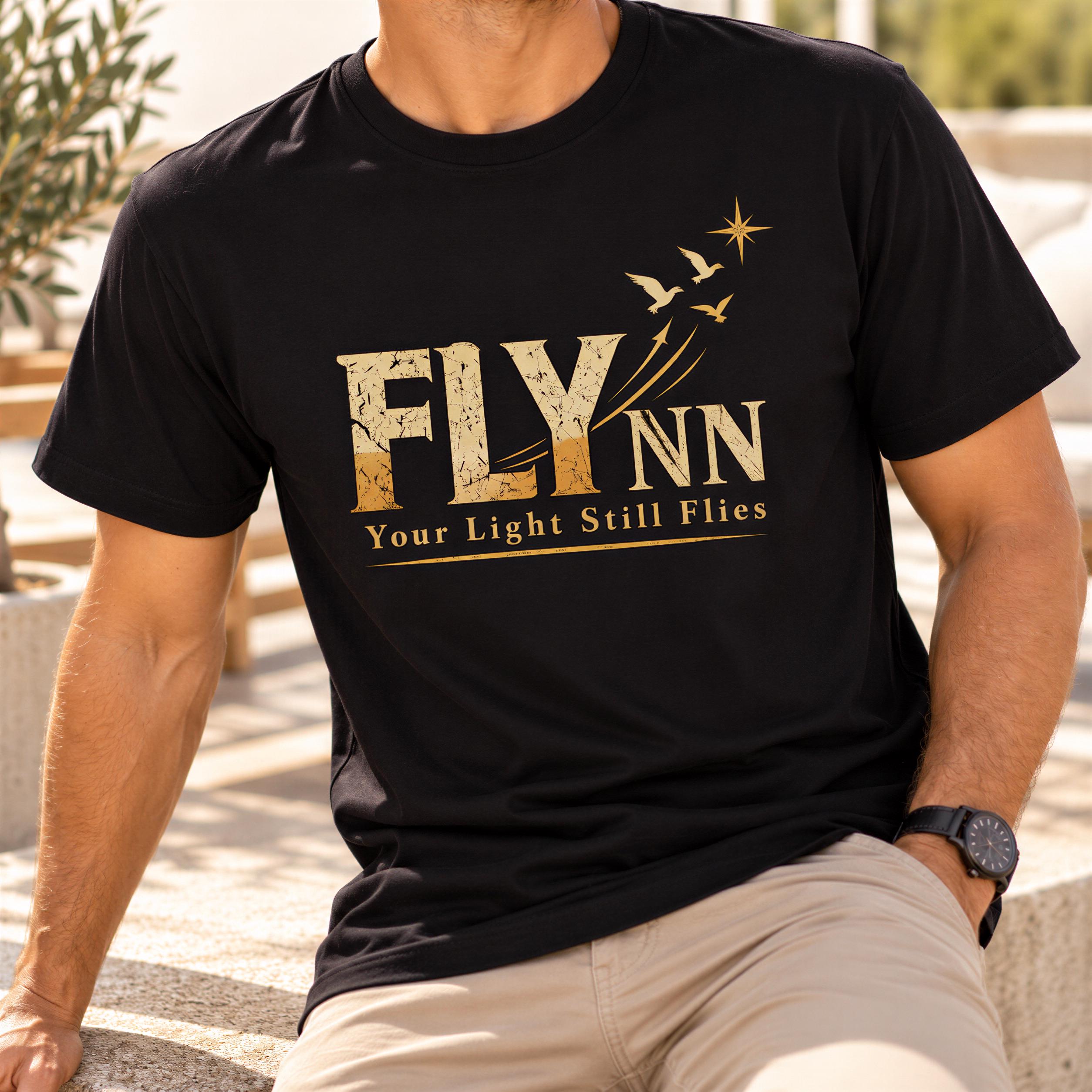 A man wearing a black t-shirt with the text "FLYNN" and "Your Light Still Flies" printed on it.