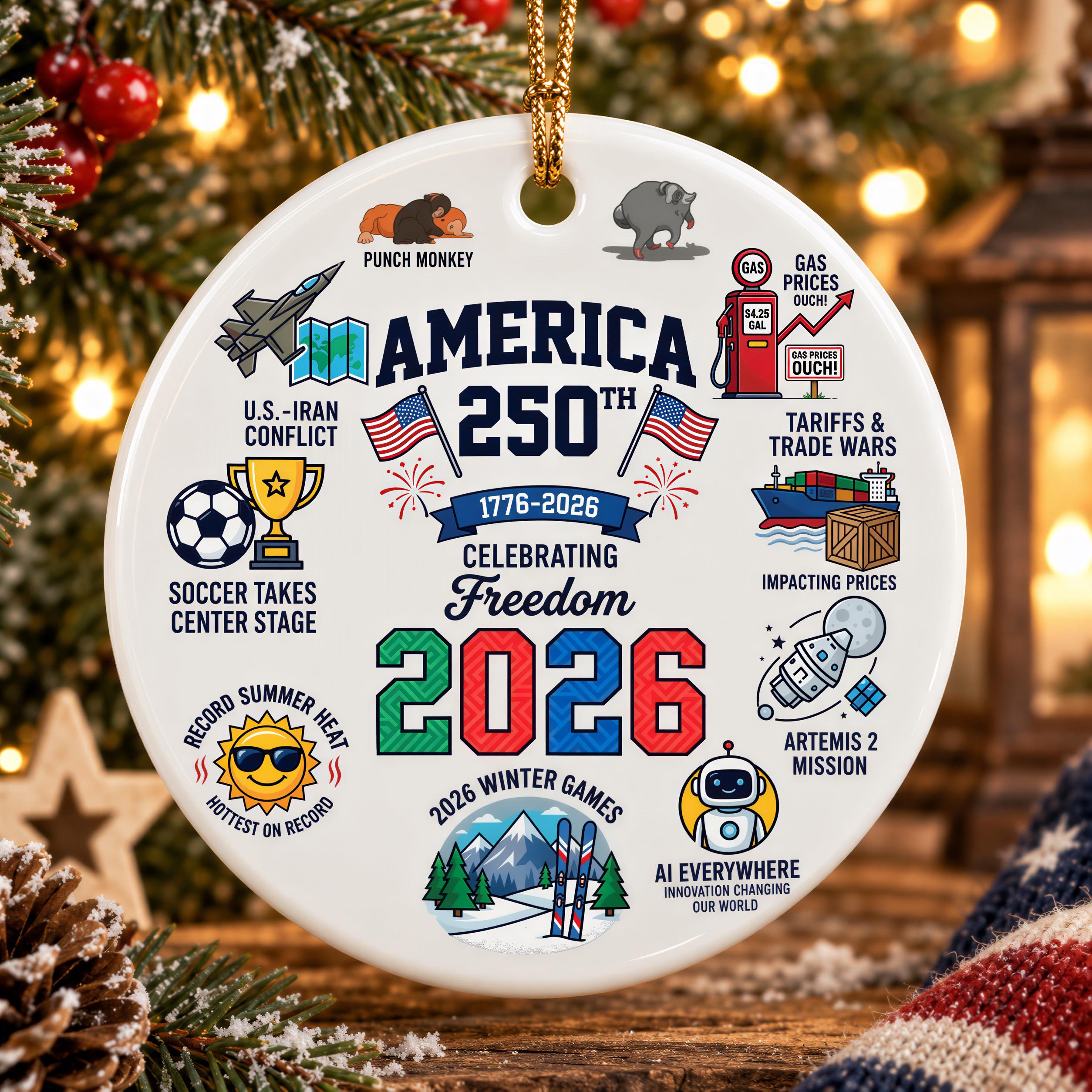 The image is a circular ornament with various illustrations and text related to the theme of "America" and the year "2026".