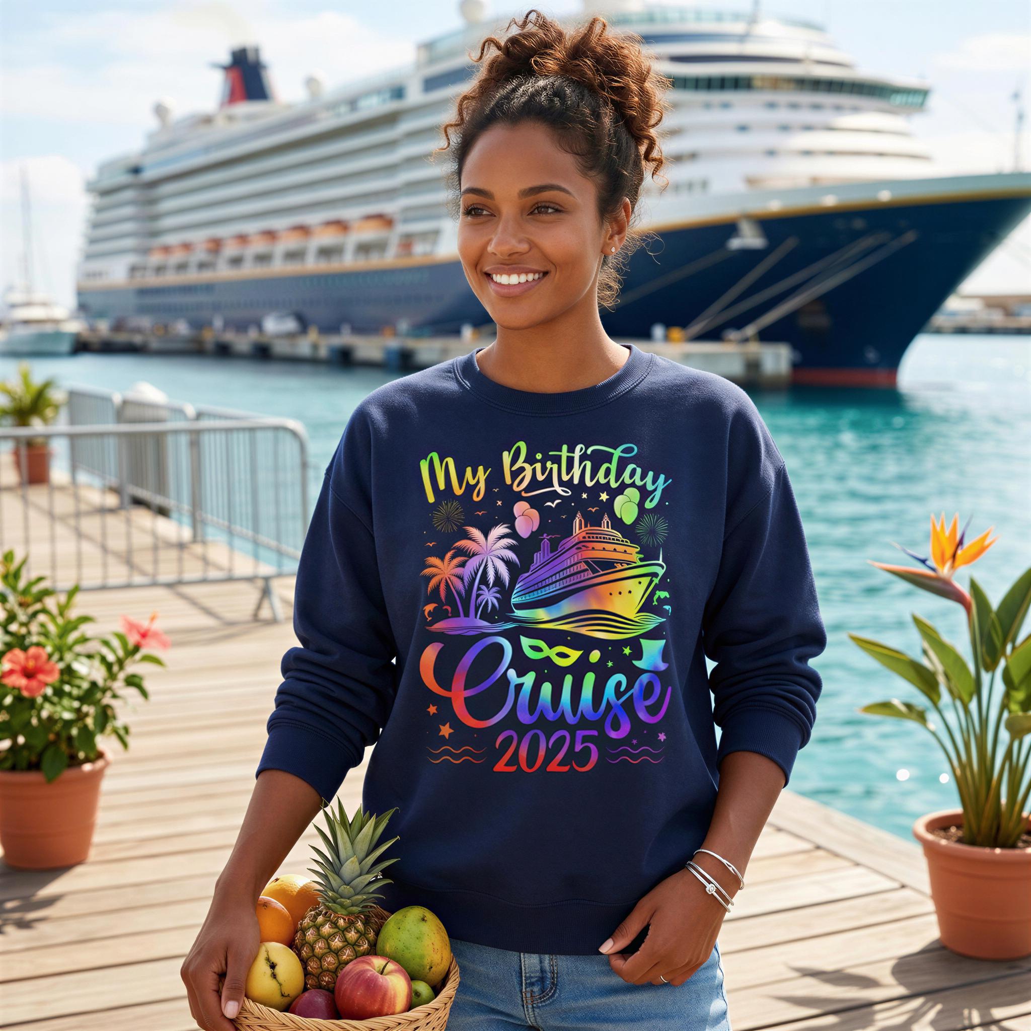 A smiling woman wearing a blue sweatshirt with a colorful graphic of a cruise ship and tropical fruits stands on a dock, holding a basket of fruit.