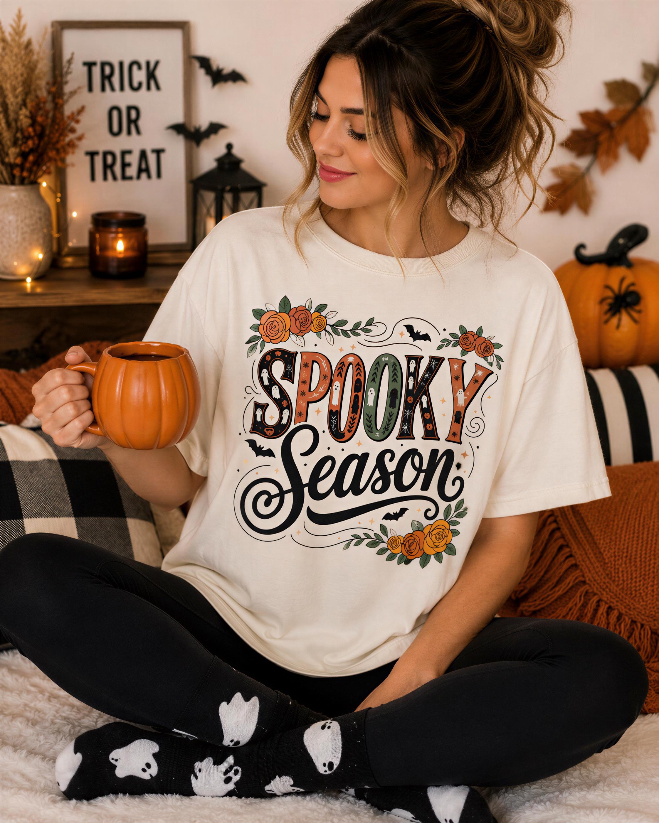 A woman sitting on a couch, holding a pumpkin-shaped mug, wearing a white t-shirt with a Halloween-themed design, and surrounded by Halloween decorations.