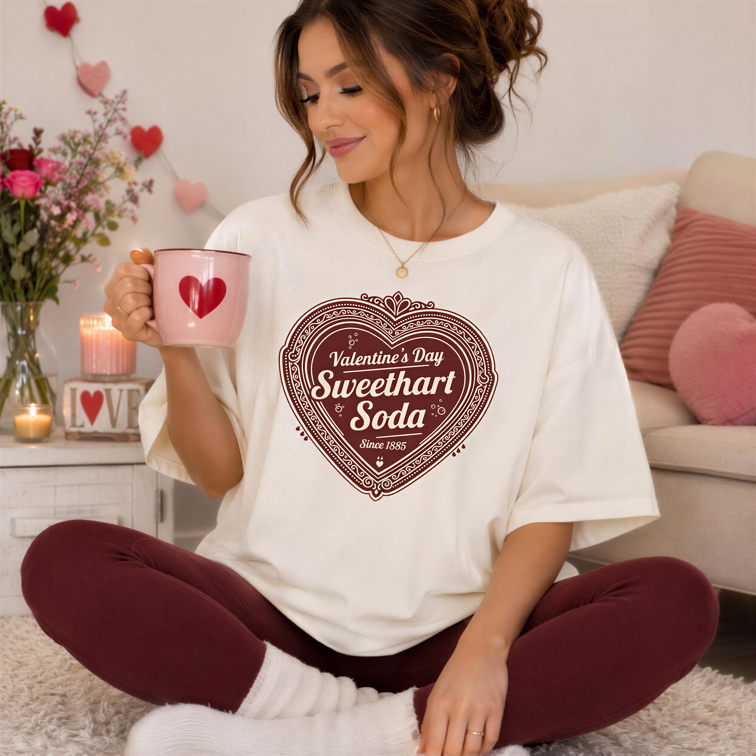 A woman sitting on the floor wearing a white t-shirt with a heart design and holding a pink mug, with a vase of flowers and candles nearby.