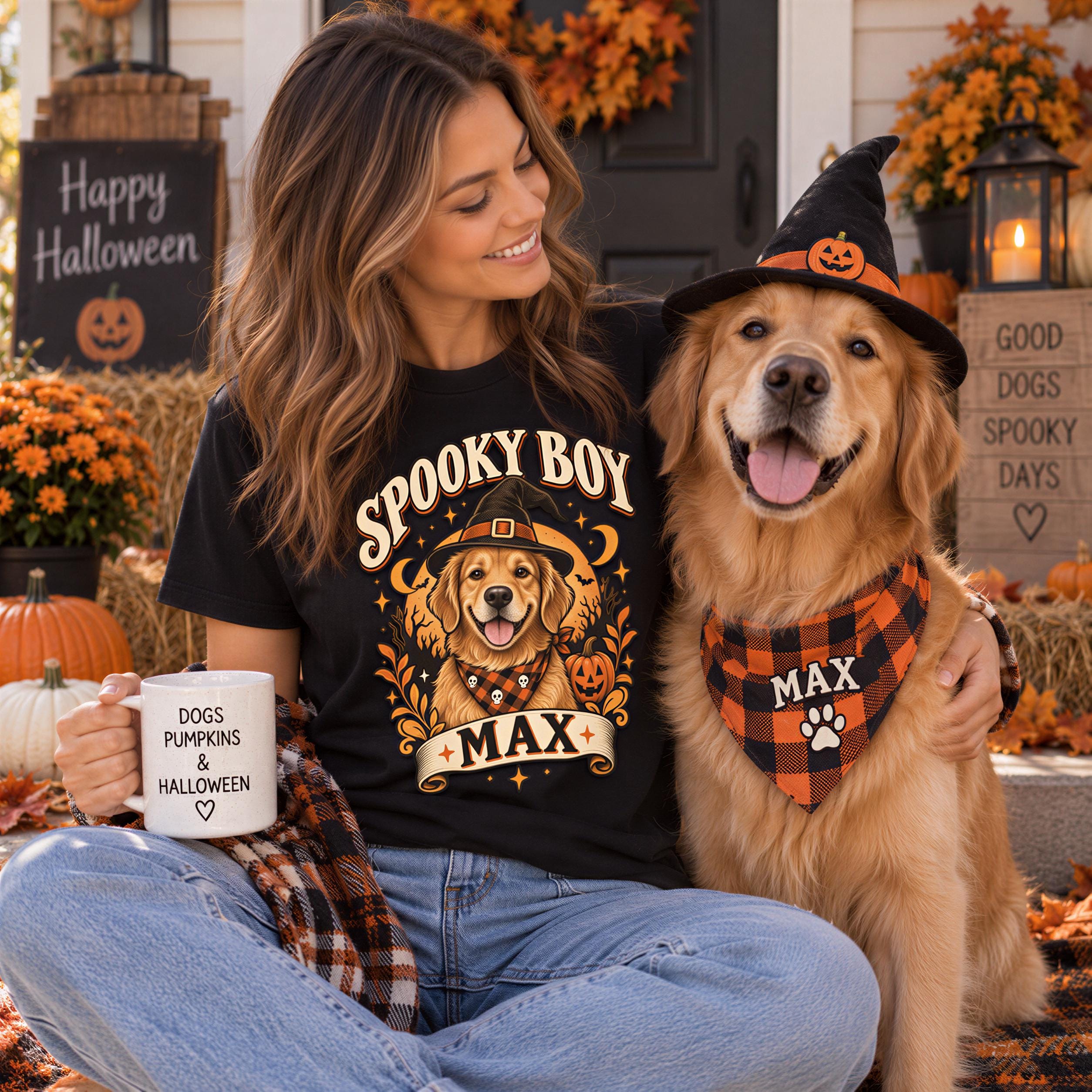 A woman in a Halloween-themed t-shirt sits on the steps of a house, holding a mug and accompanied by her golden retriever dog, both dressed in Halloween costumes.