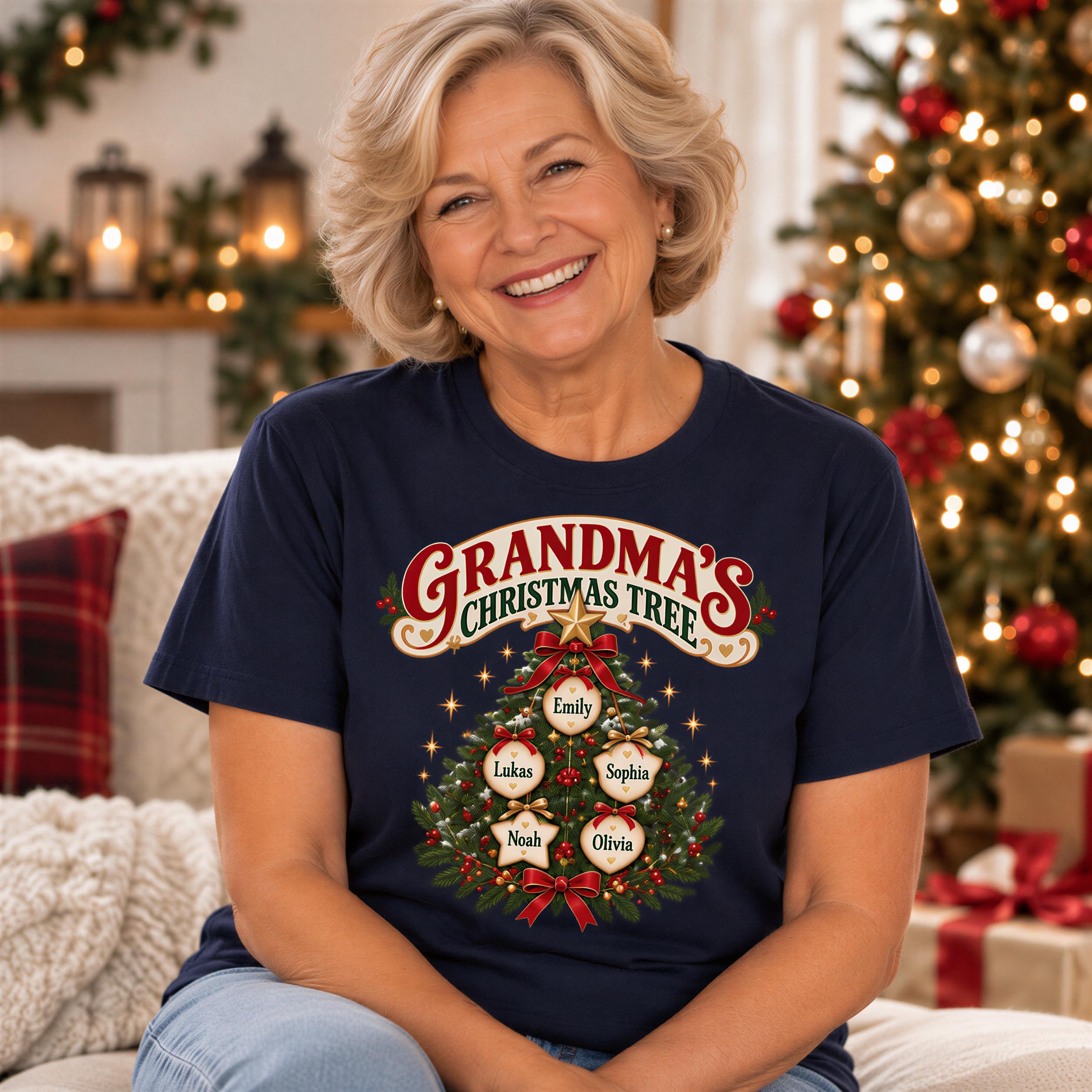 A smiling woman wearing a blue t-shirt with a Christmas tree design and the text "Grandma's Christmas Tree" is sitting in front of a decorated Christmas tree.