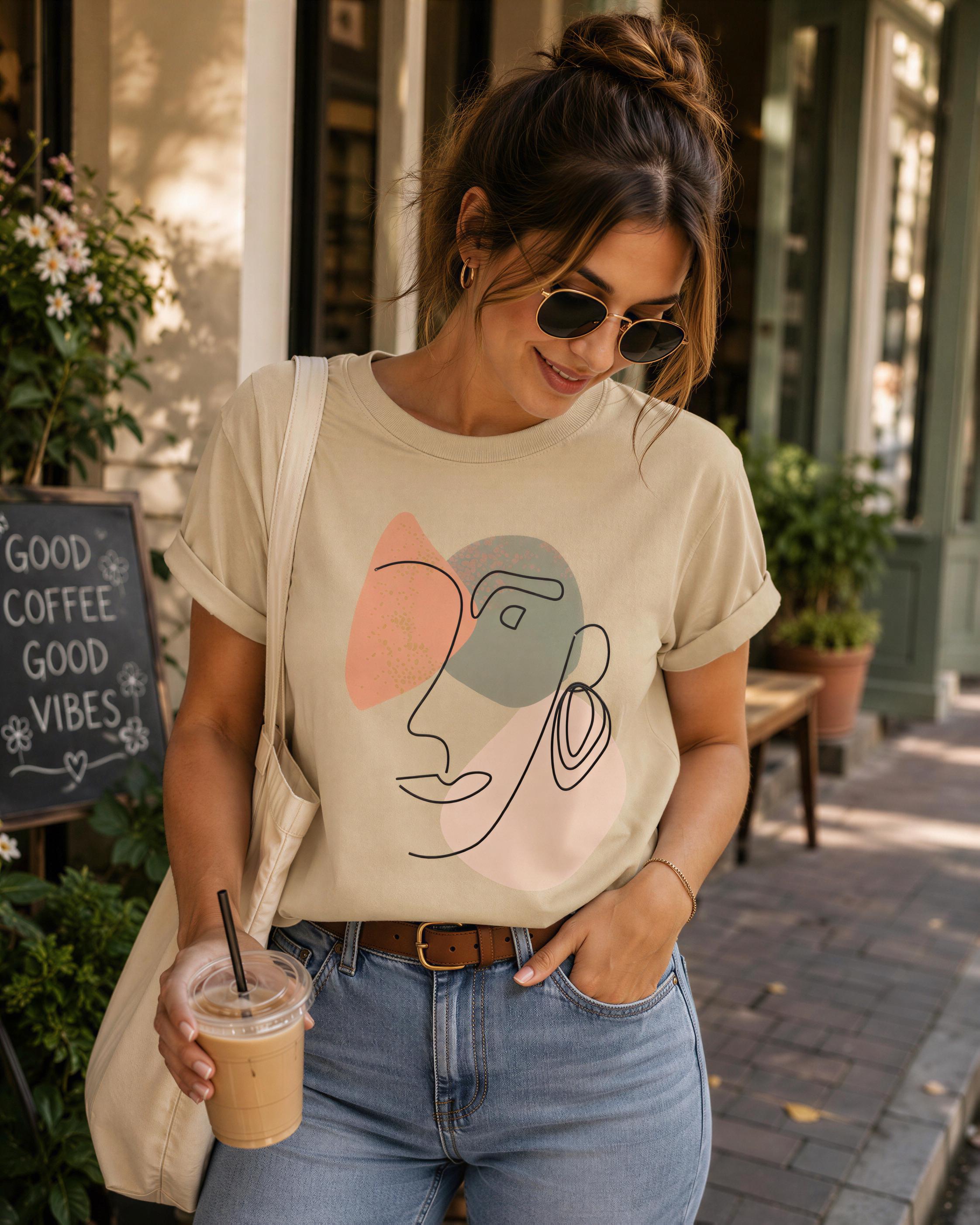 A woman wearing a t-shirt with a graphic design and sunglasses is holding a drink and smiling.