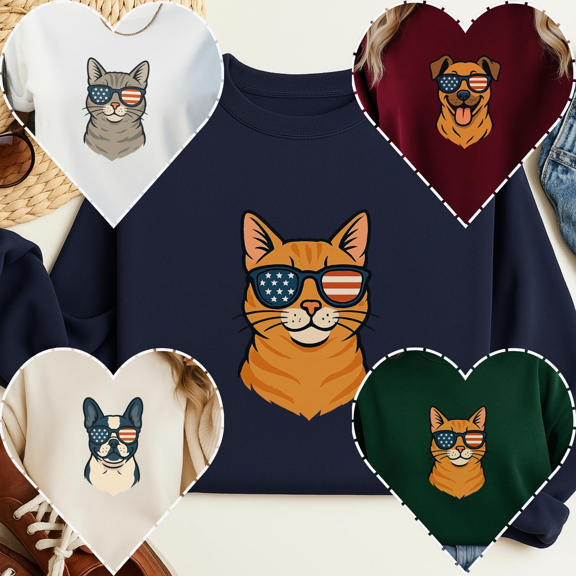 The image is a collage of five images featuring a cat wearing sunglasses and an American flag, with a dog wearing sunglasses and a green flag.