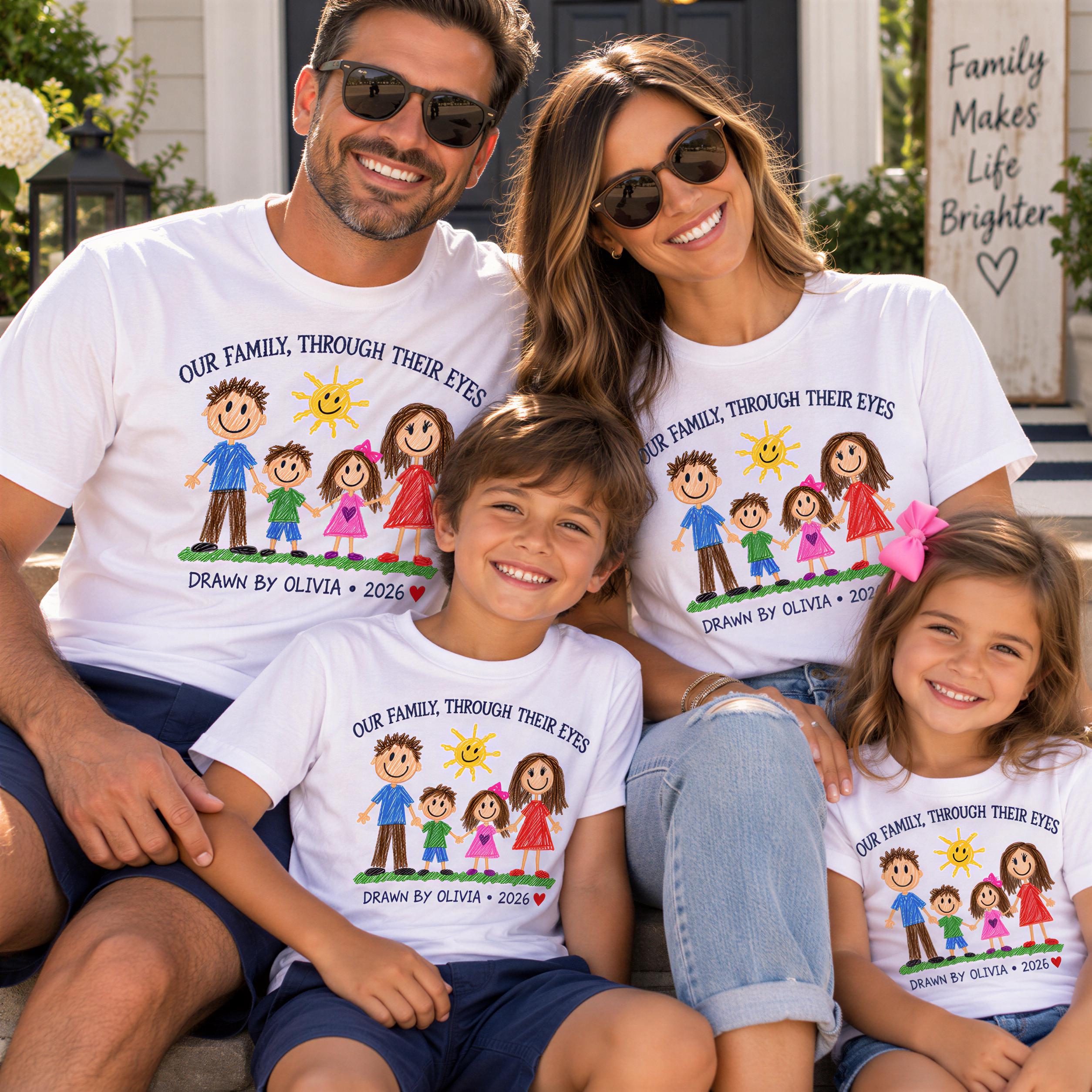 A family of four, consisting of a father, mother, and two children, posing together in front of a house. They are all wearing matching white t-shirts with a cartoon illustration of a family and the text "Our family, through their eyes" printed on them.
