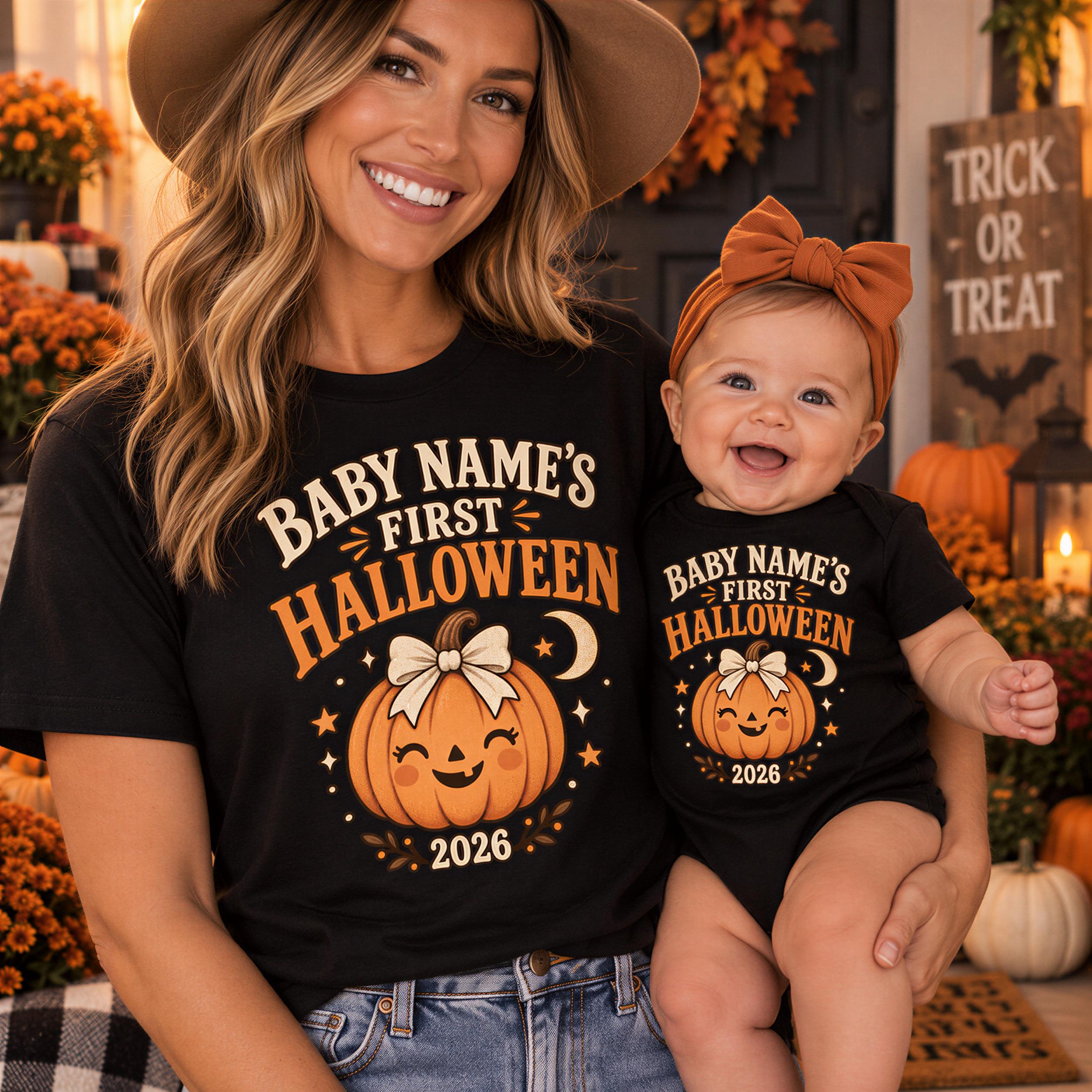 A woman wearing a black t-shirt with a pumpkin and text, holding a baby in a matching outfit, both smiling and posing for a photo.