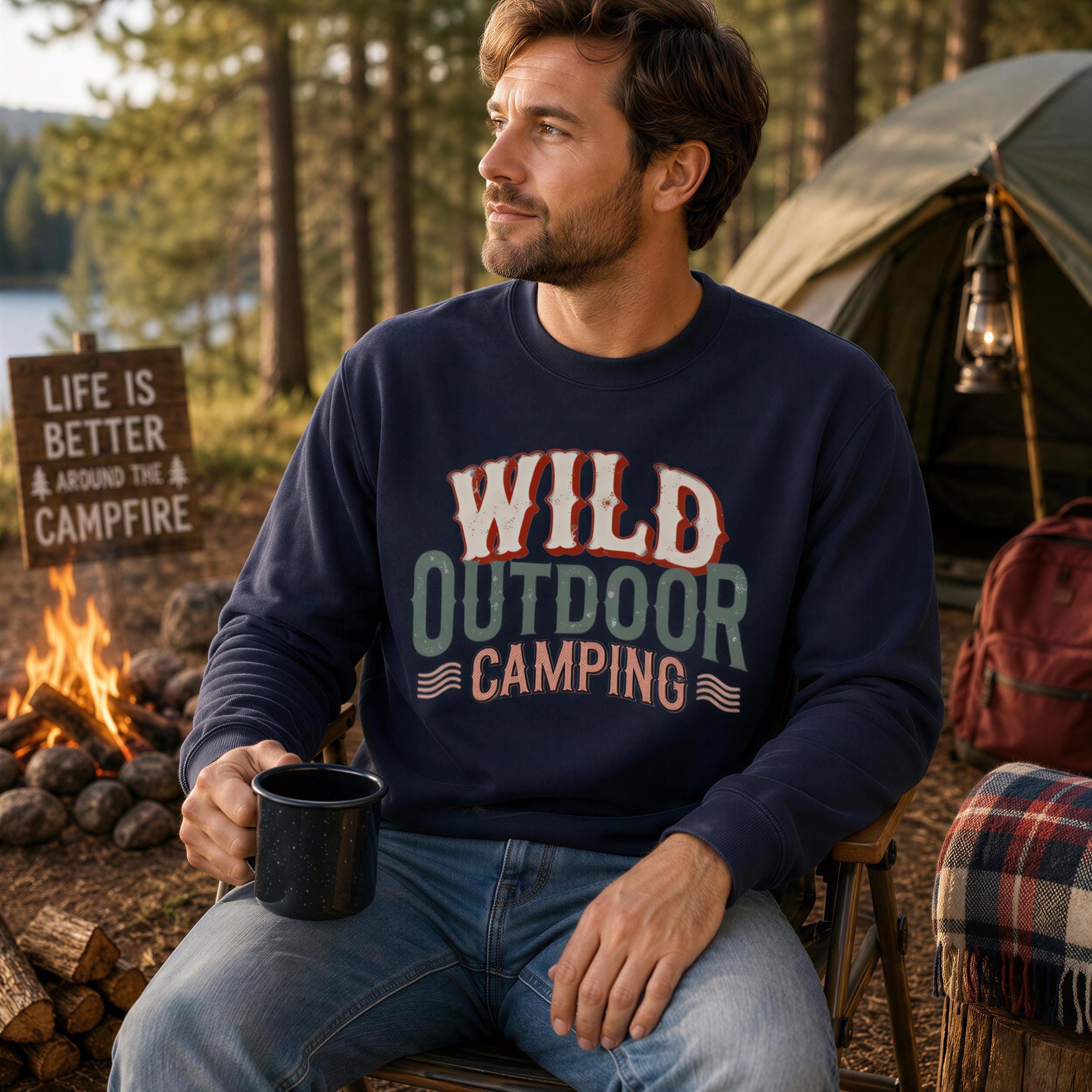 A man wearing a blue sweatshirt with the text "WILD OUTDOOR CAMPING" is sitting by a campfire, holding a black mug. In the background, there is a sign that says "LIFE IS BETTER AROUND THE CAMPFIRE".