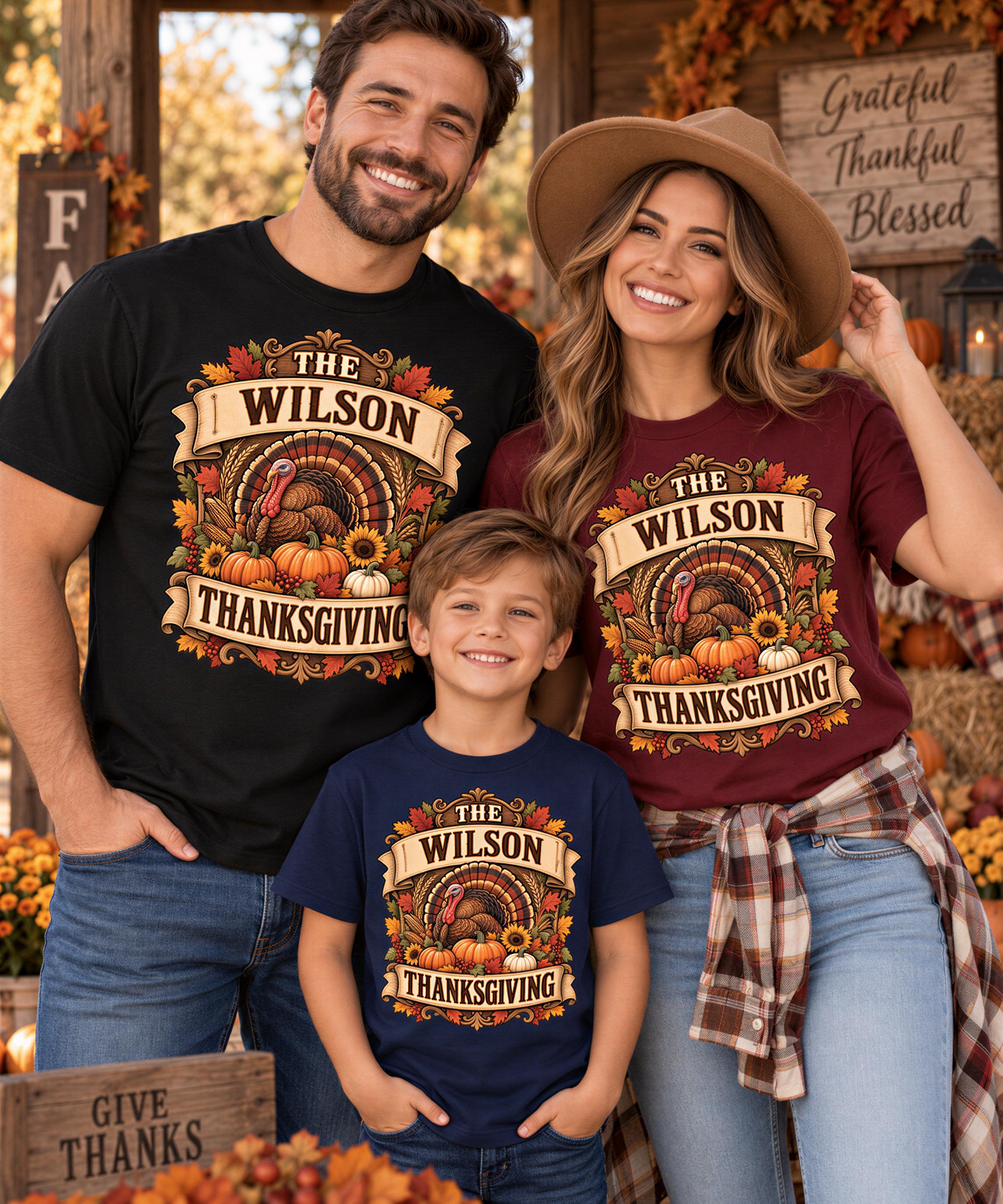 A family of three, consisting of a man, a woman, and a child, is posing for a photo in front of a Thanksgiving-themed backdrop. They are all wearing t-shirts with the same design, which features a turkey, sunflowers, and pumpkins, along with the text "The Wilson Thanksgiving".
