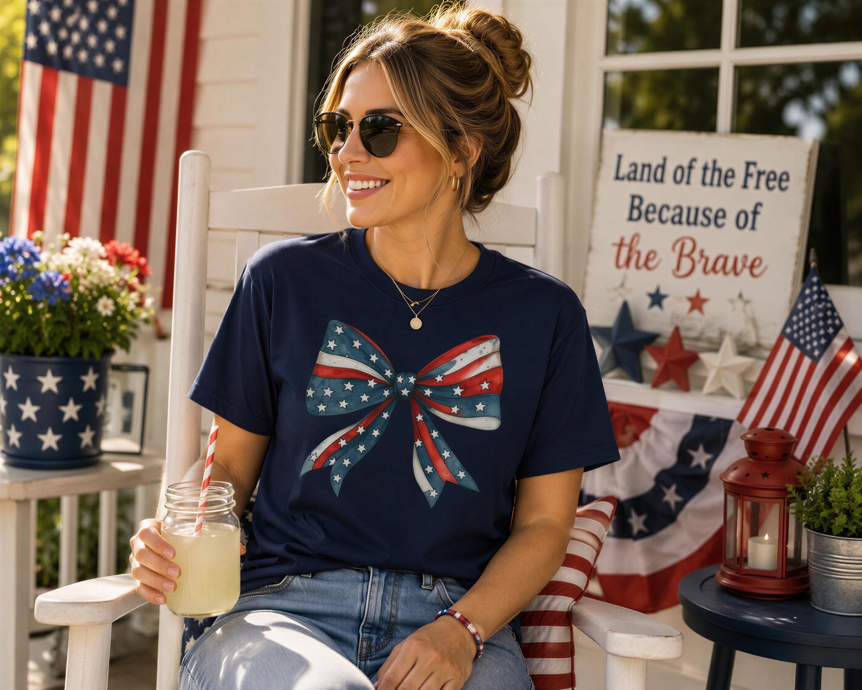 A woman wearing a blue t-shirt with a bow design is sitting on a porch, holding a drink and smiling. The porch has American flags and patriotic decorations, creating a festive atmosphere.