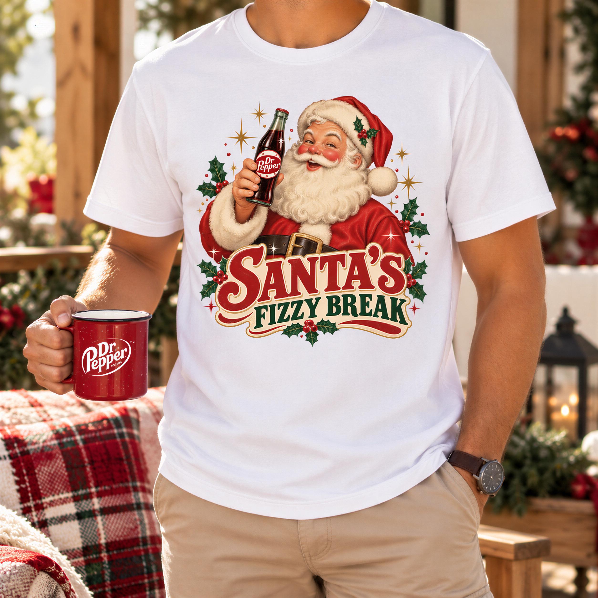 A person wearing a white t-shirt with a graphic of Santa Claus holding a bottle of Dr Pepper and the text "Santa's Fizzy Break" printed on it.