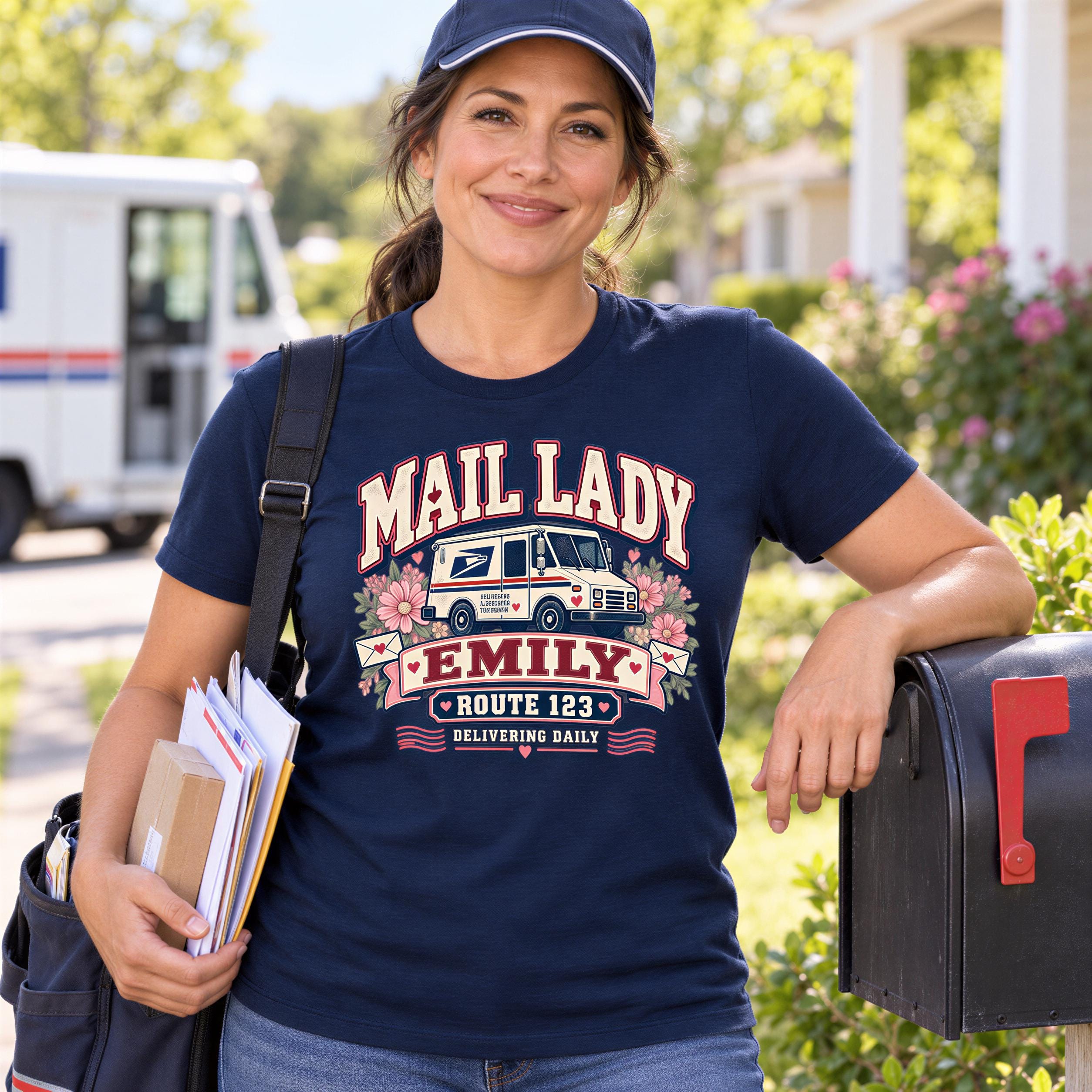 A woman wearing a navy blue t-shirt with a graphic design of a mail truck and the text "Mail Lady" is standing next to a mailbox, holding a stack of mail.