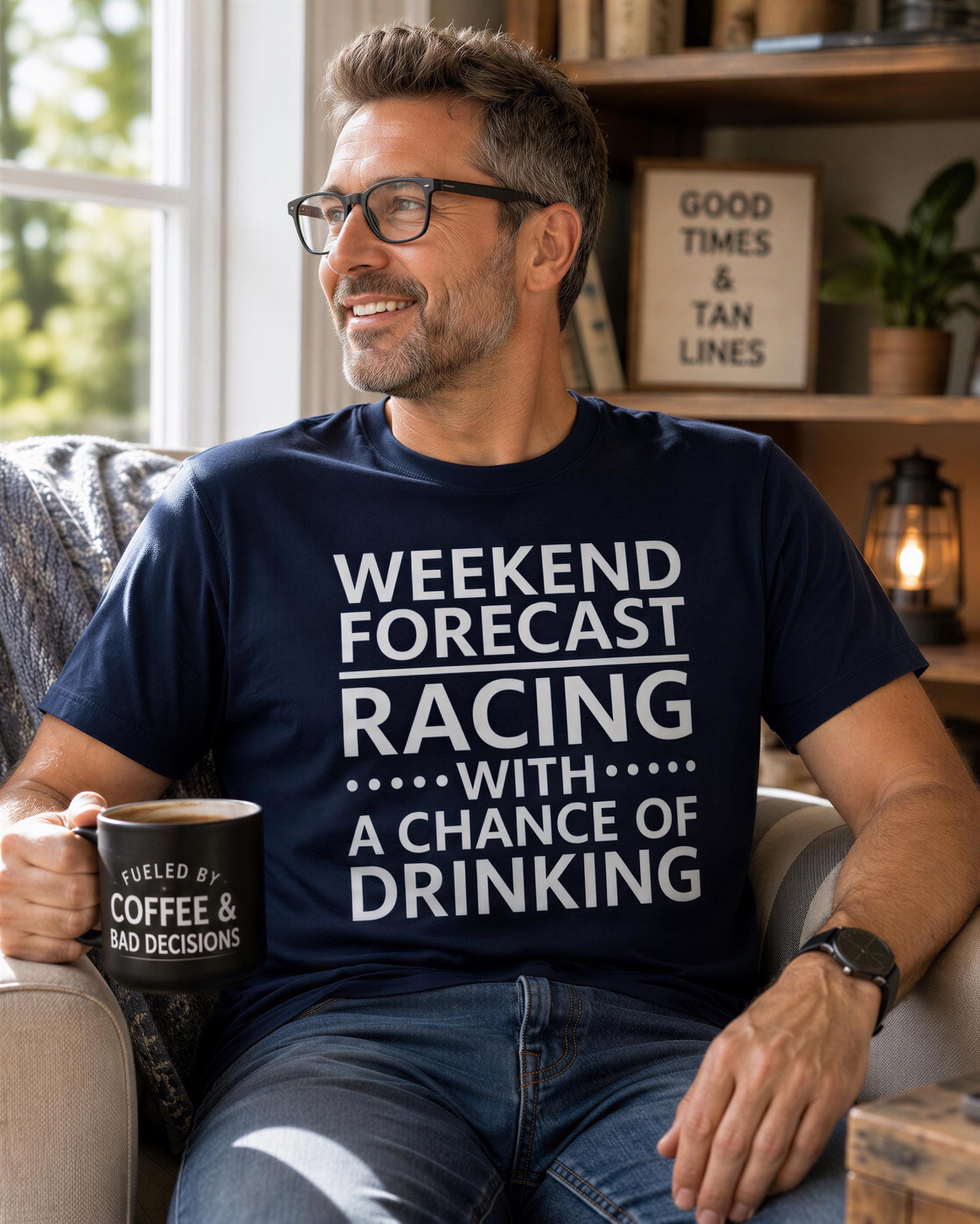 A man wearing a navy blue t-shirt with white text and a mug labeled "Fuelled by coffee & bad decisions" is sitting in a chair, smiling and holding a mug.