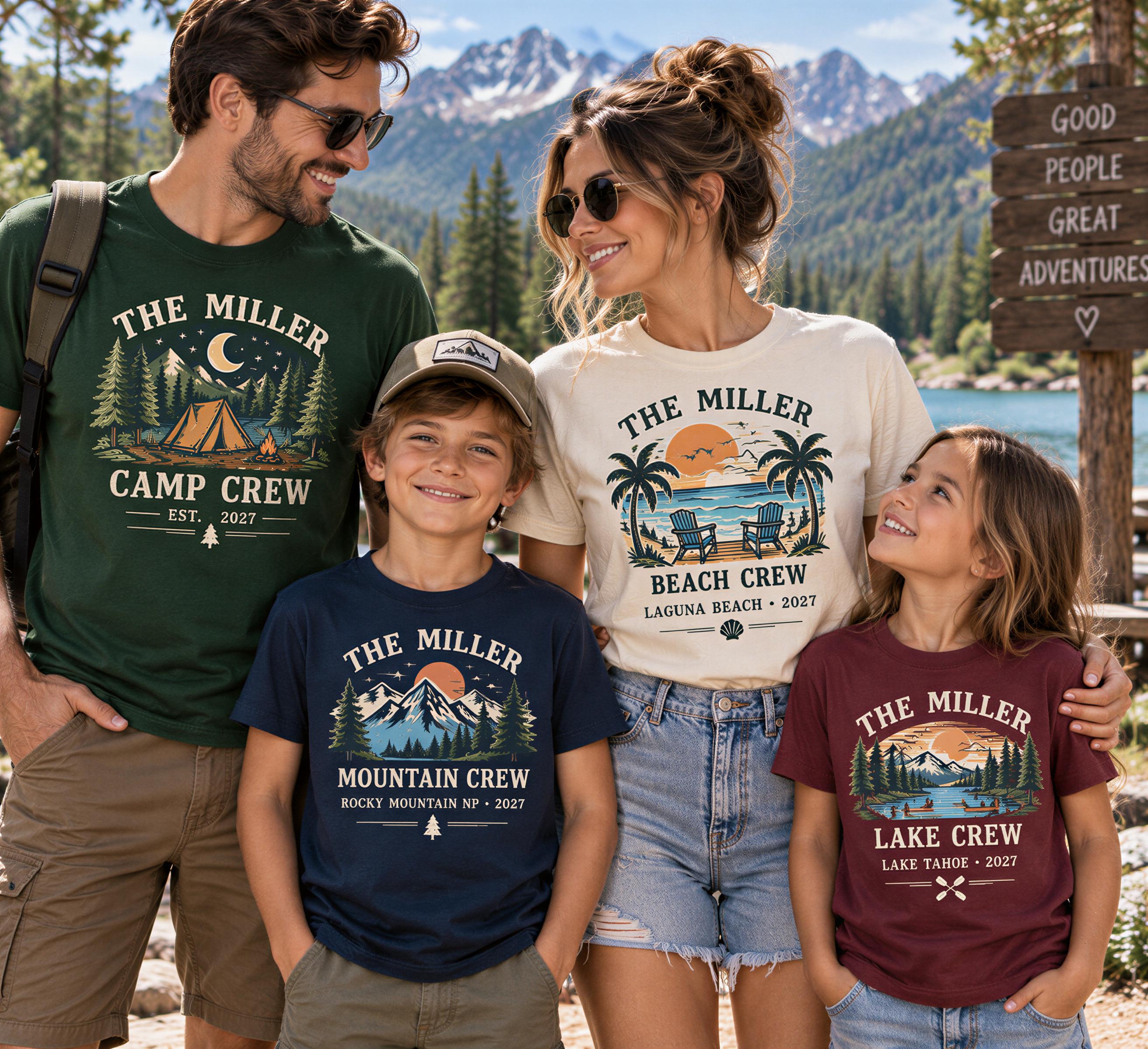 A family of four, consisting of a man, a woman, and two children, posing together in a scenic outdoor setting with mountains in the background.