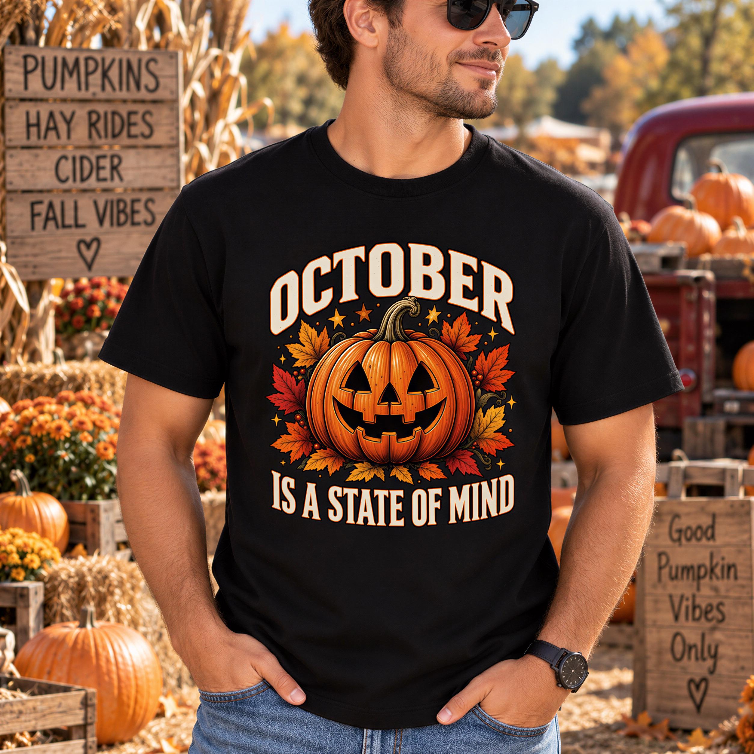 A man wearing a black t-shirt with a pumpkin graphic and text, standing in front of a pumpkin patch with various fall decorations.