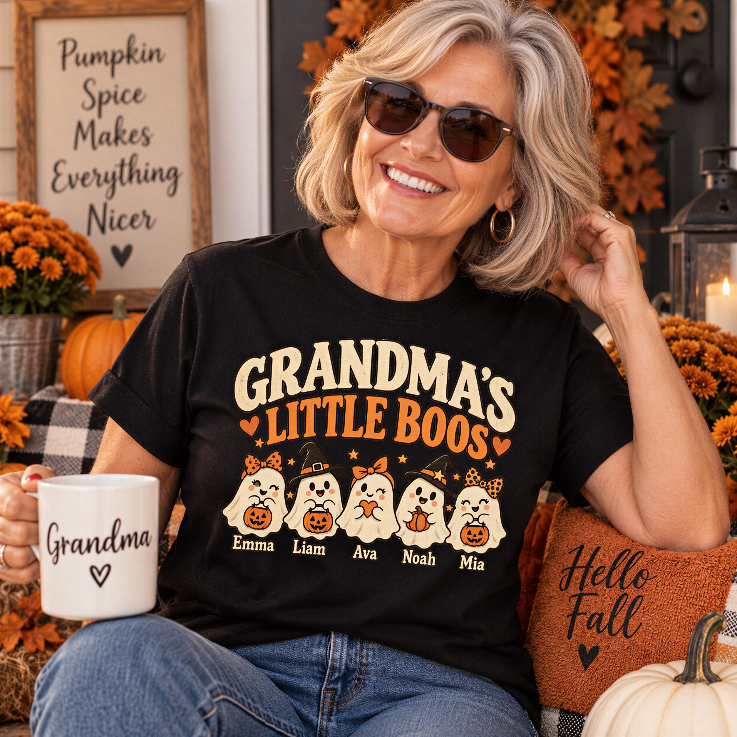 A smiling woman wearing a black t-shirt with a Halloween-themed design and holding a coffee mug labeled "Grandma" is sitting in front of a pumpkin decoration.