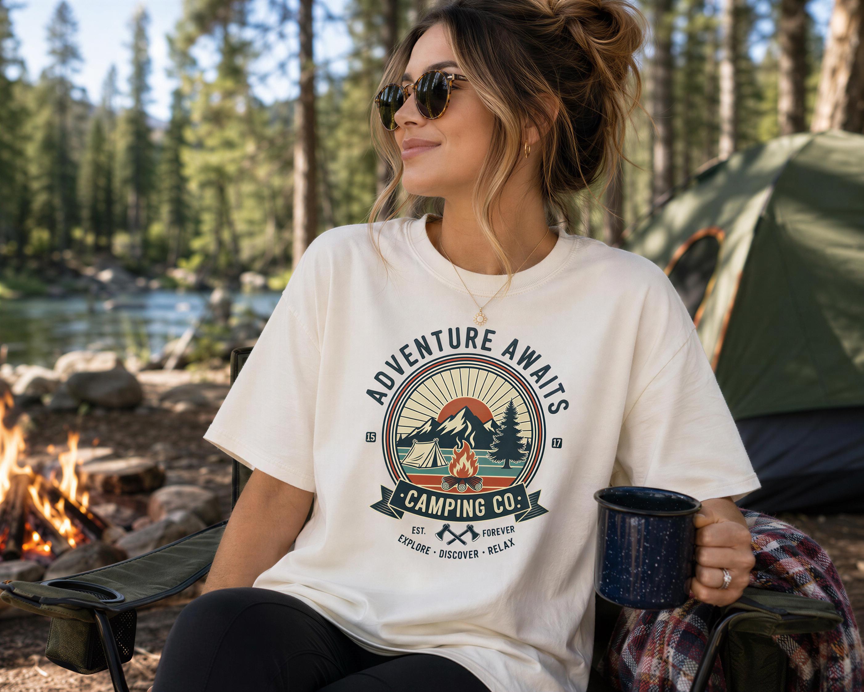 A woman wearing a white t-shirt with a graphic design and sunglasses is sitting by a campfire in a forest, holding a mug.