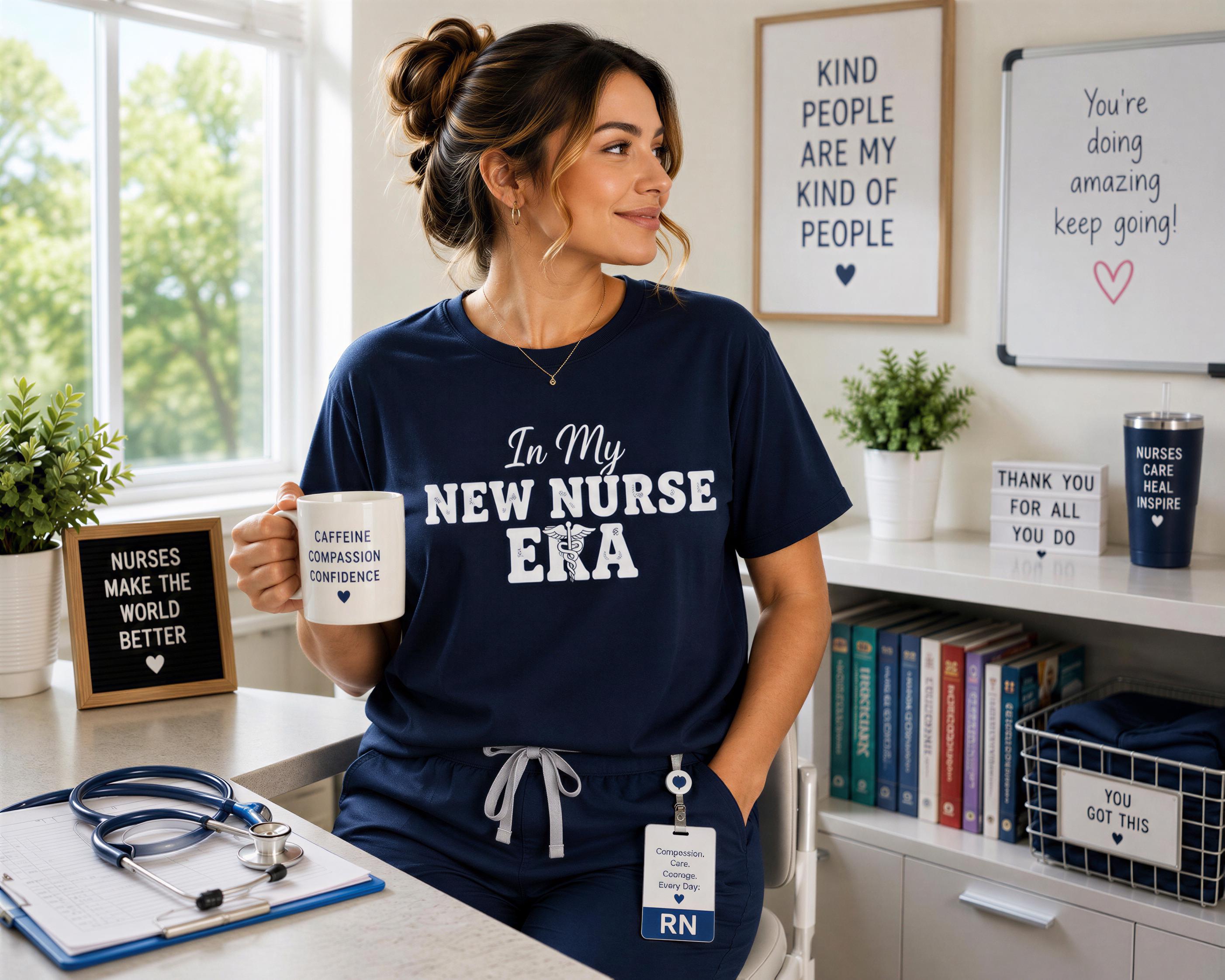 A woman wearing a blue nurse's uniform is sitting at a desk, holding a coffee mug and smiling. The desk is decorated with various items, including a sign that says "Nurses make the world better", a cup with the text "You're doing amazing keep going!", and a plant. There are also several books and a stethoscope on the desk.