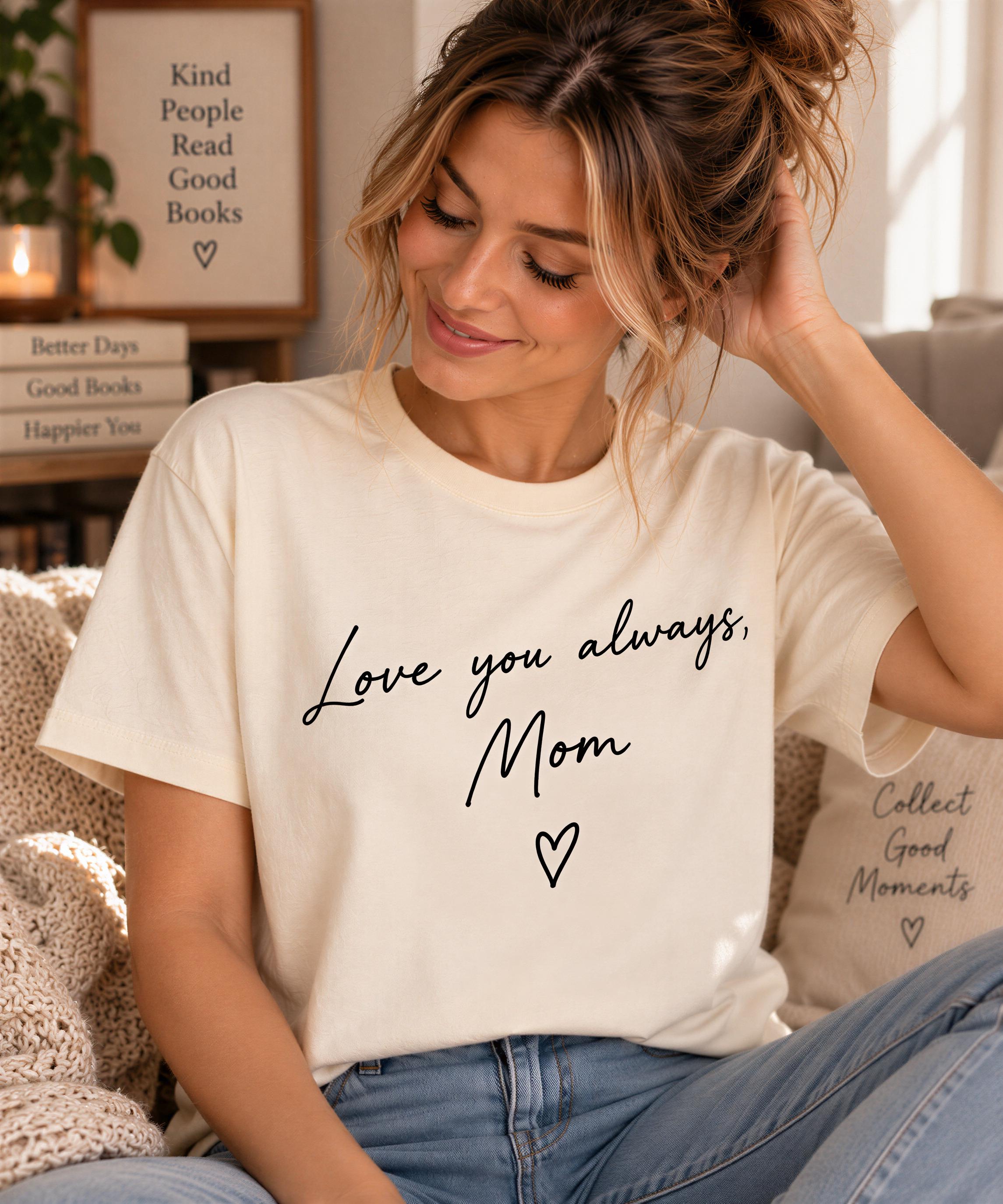 A woman wearing a white t-shirt with the text "Love you always, Mom" and a heart symbol, sitting on a couch and smiling.