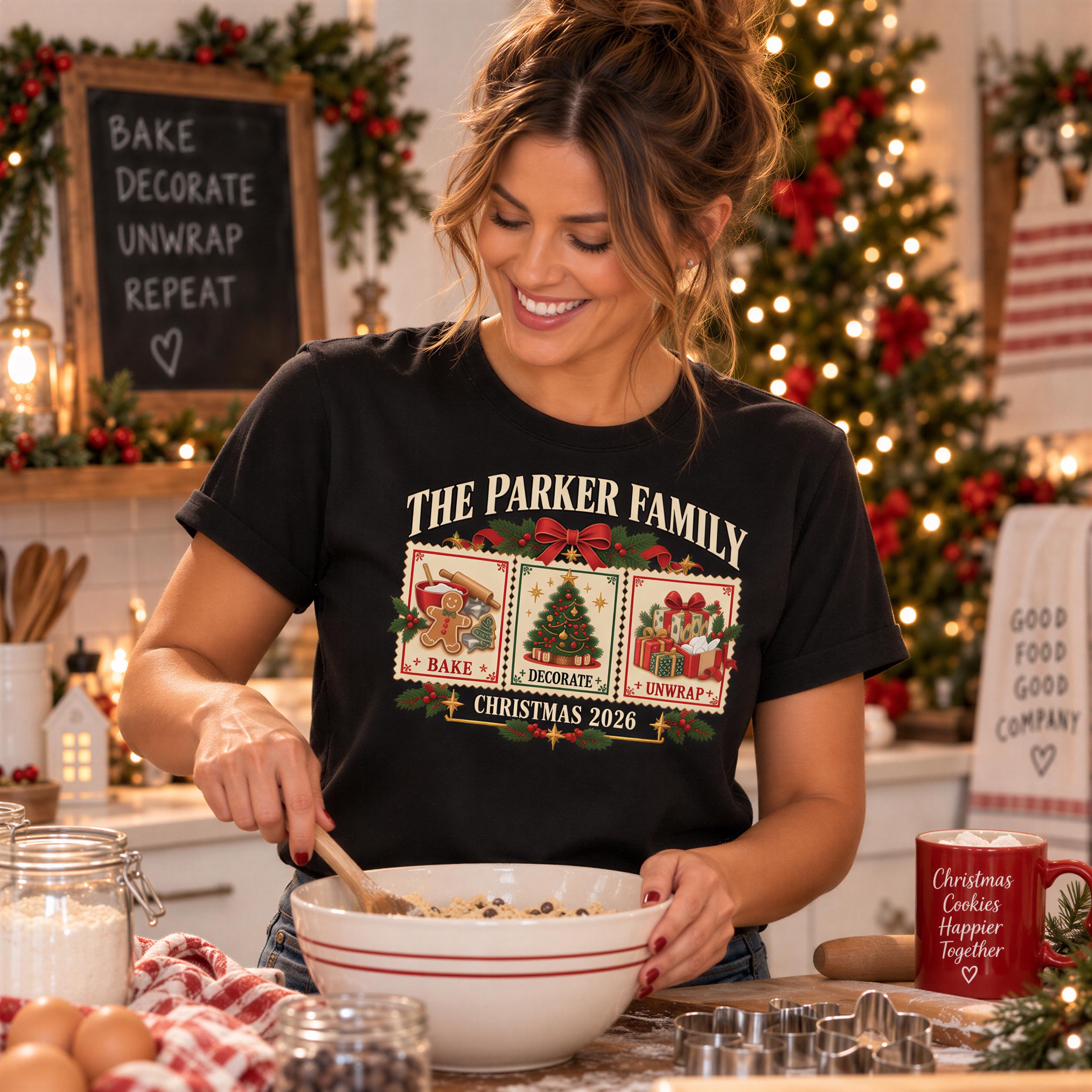 A woman is smiling and preparing food in a kitchen, wearing a black t-shirt with a festive design.
