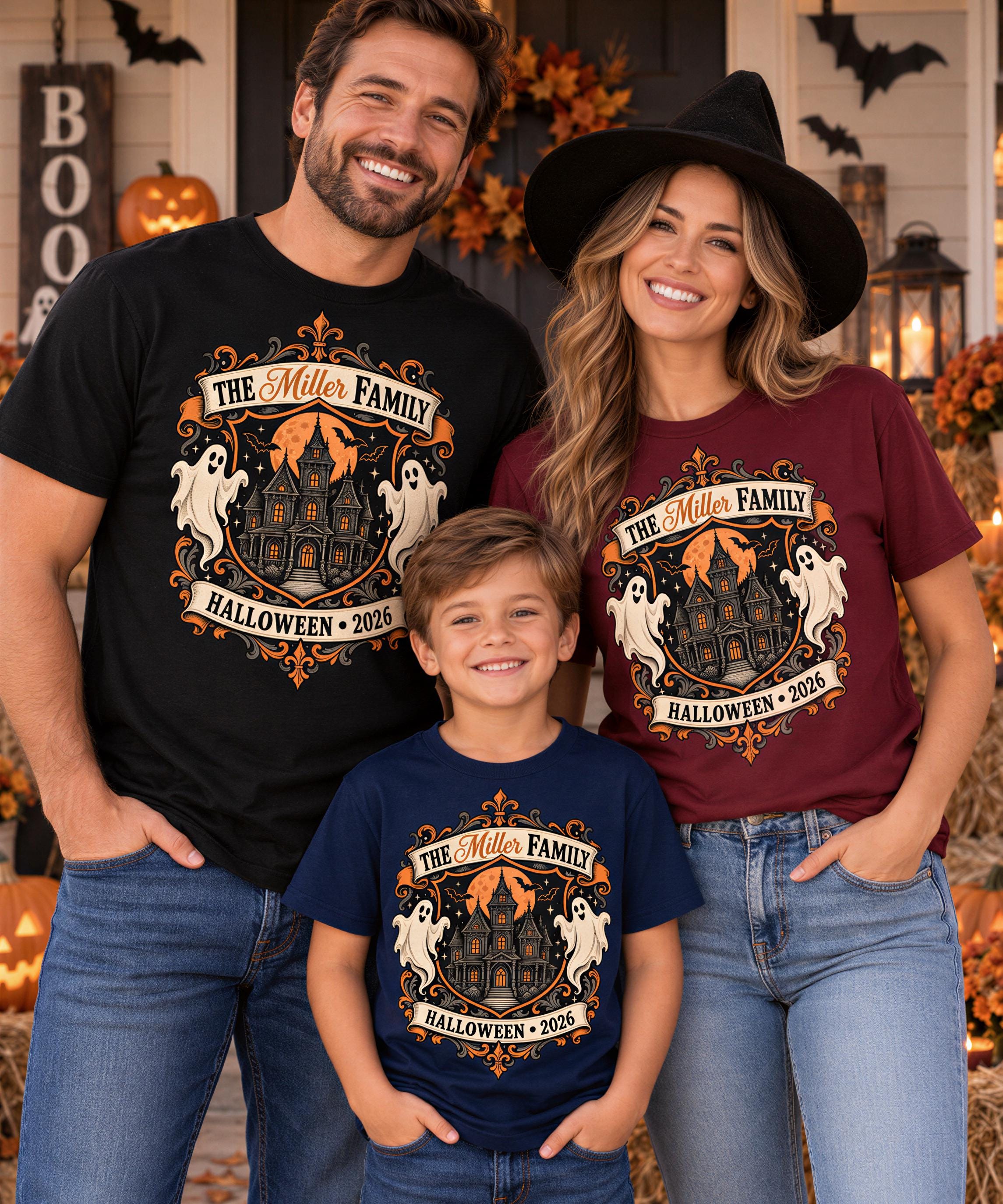 A family of three, consisting of a man, a woman, and a child, is standing together in front of a Halloween-themed backdrop. They are all wearing matching t-shirts with a Halloween-themed design.