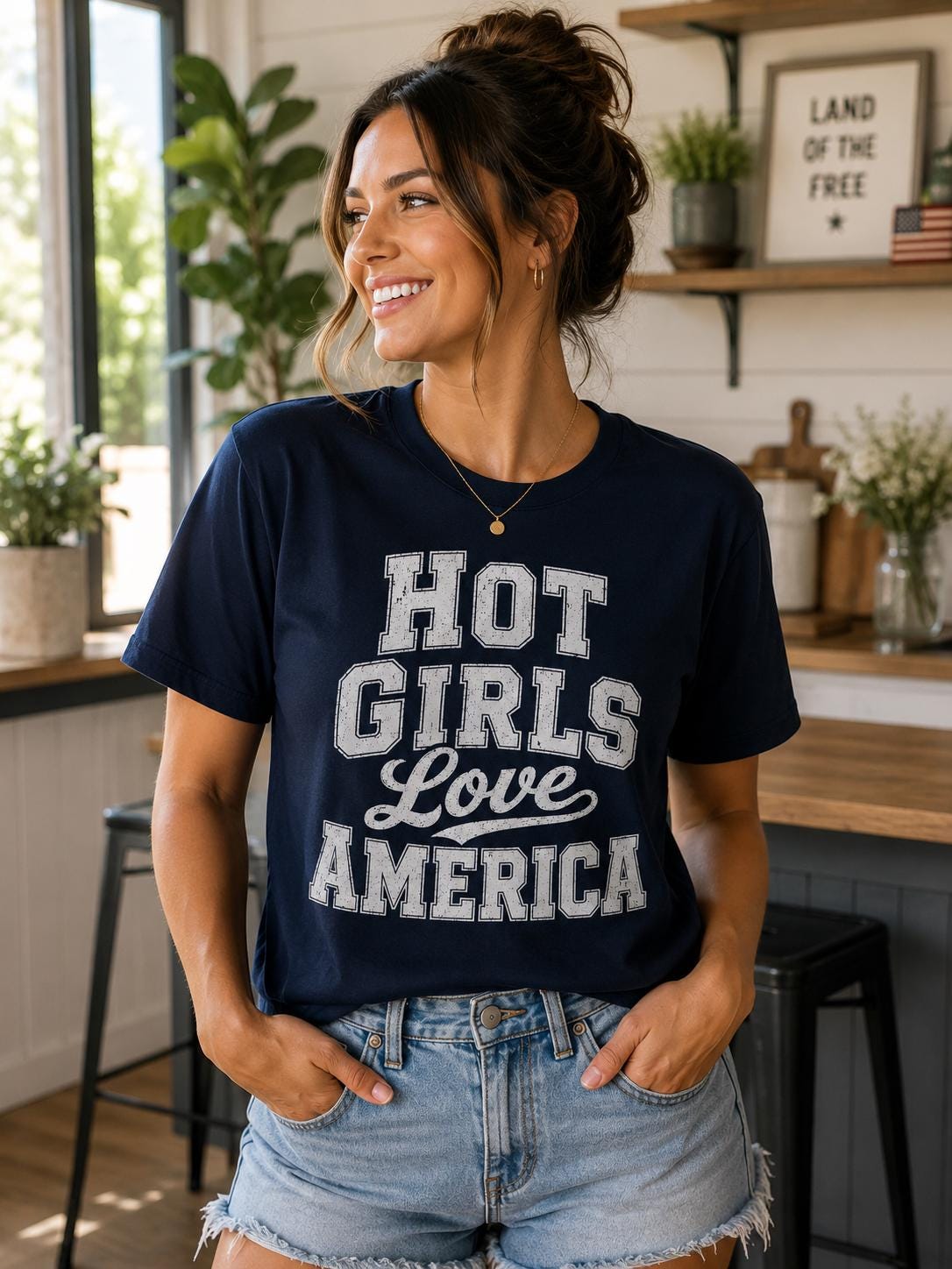 A woman wearing a navy blue t-shirt with the text "HOT GIRLS LOVE AMERICA" stands in a room with a window, smiling and looking to the side.