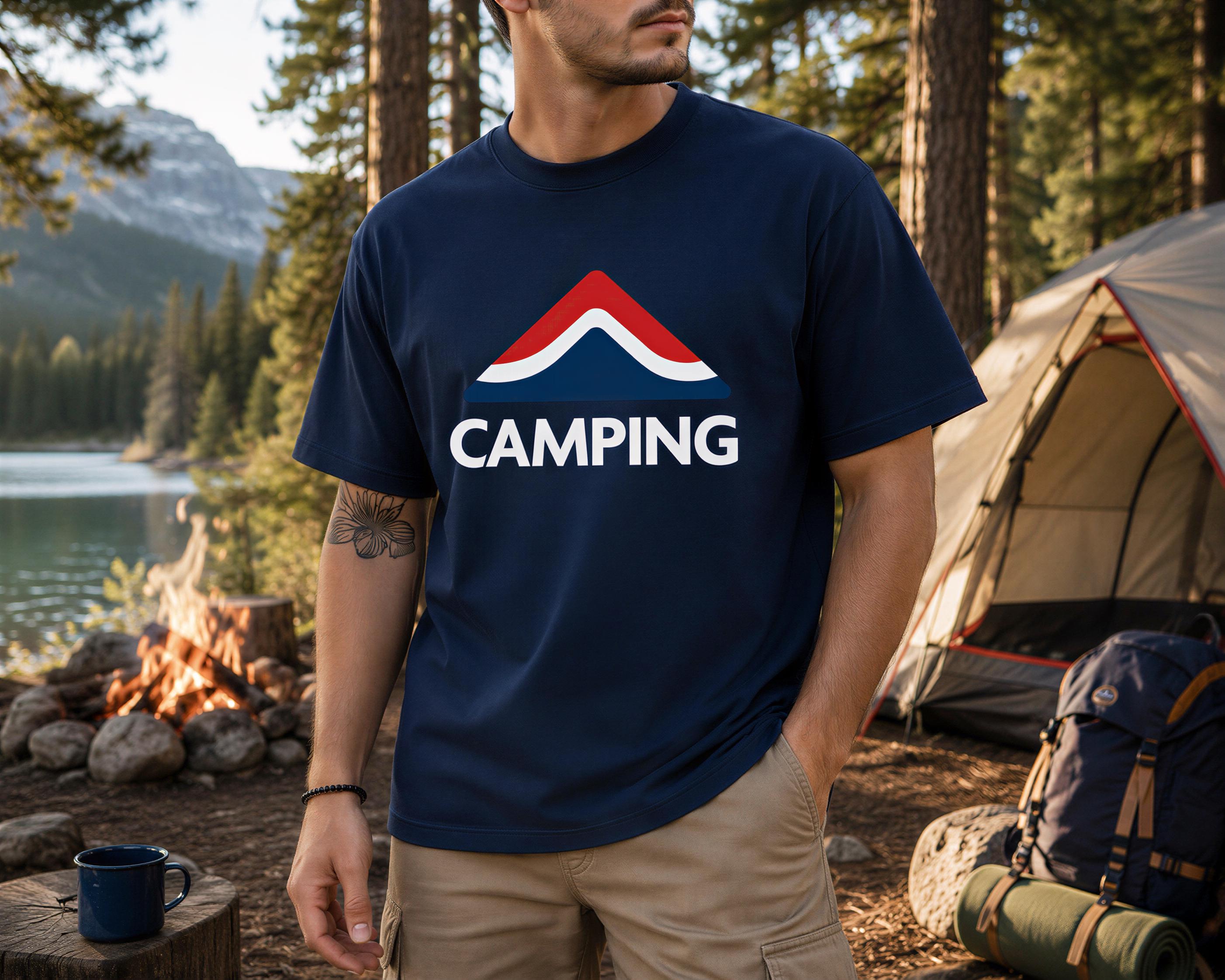 A man wearing a blue t-shirt with the word "CAMPING" stands in front of a tent and a campfire, with a scenic mountain landscape in the background.
