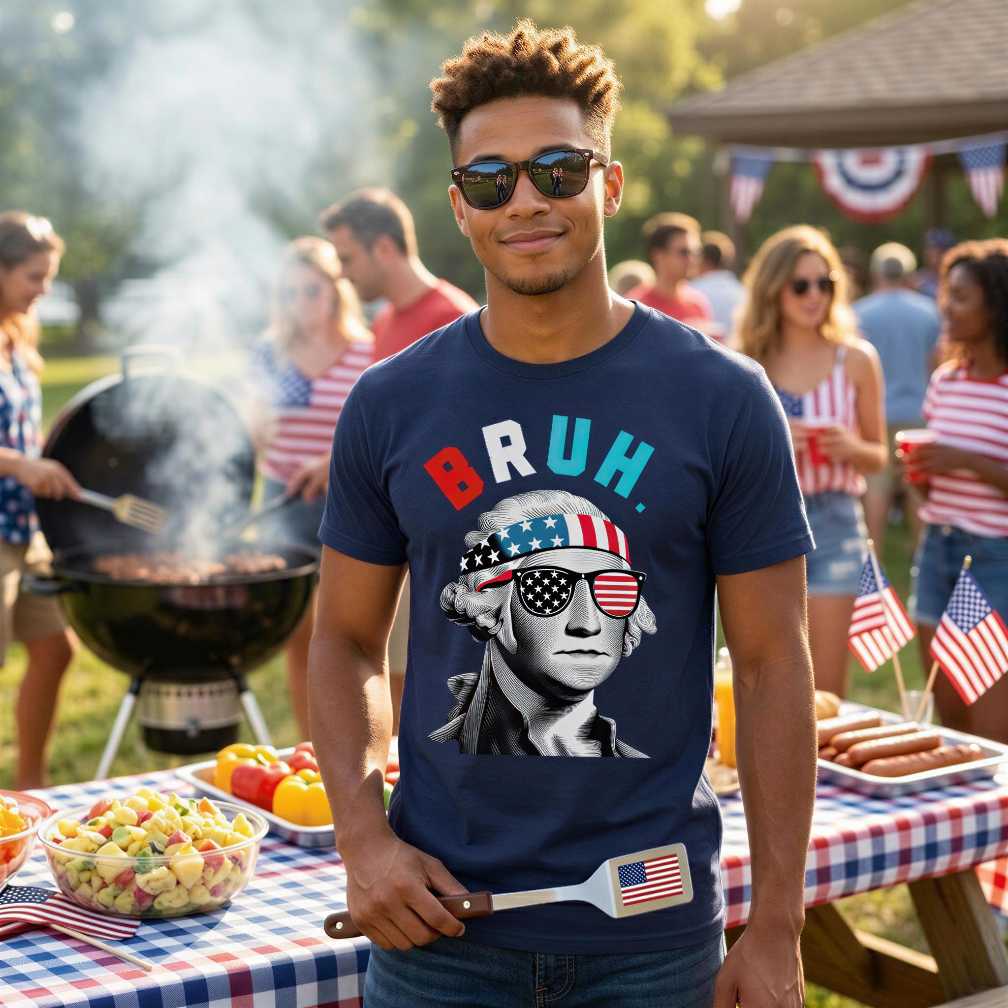A man wearing a t-shirt with a graphic of a man wearing sunglasses and an American flag is standing in front of a grill at an outdoor event.